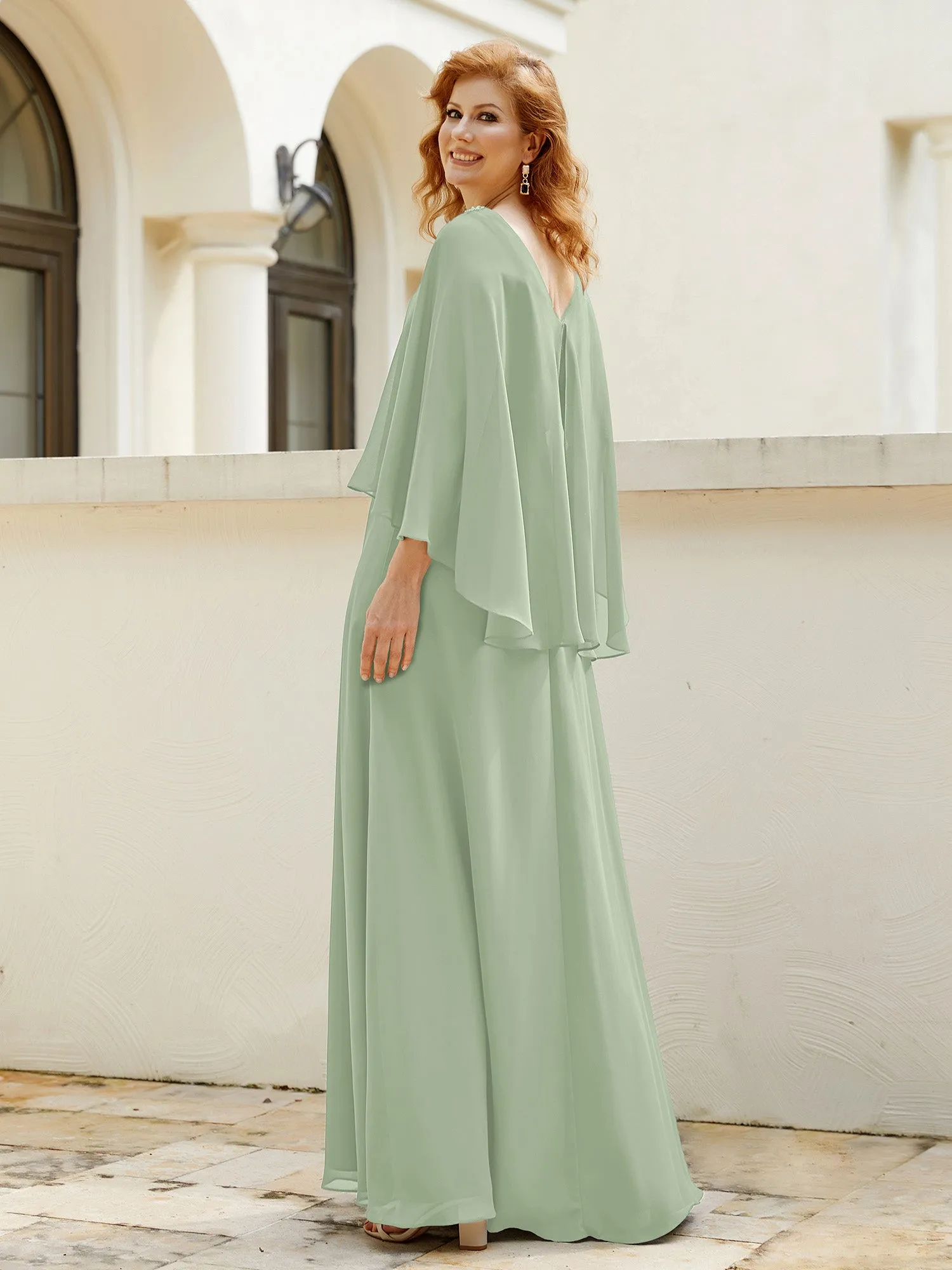 A-Line Flutter Cape Sleeves Dress with Beaded V-neck-Dusty Sage