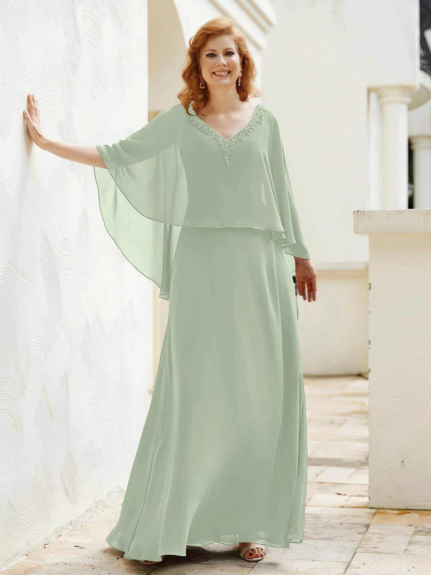 A-Line Flutter Cape Sleeves Dress with Beaded V-neck-Dusty Sage
