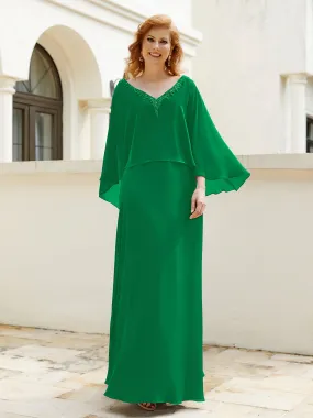 A-Line Flutter Cape Sleeves Dress with Beaded V-neck-Emerald