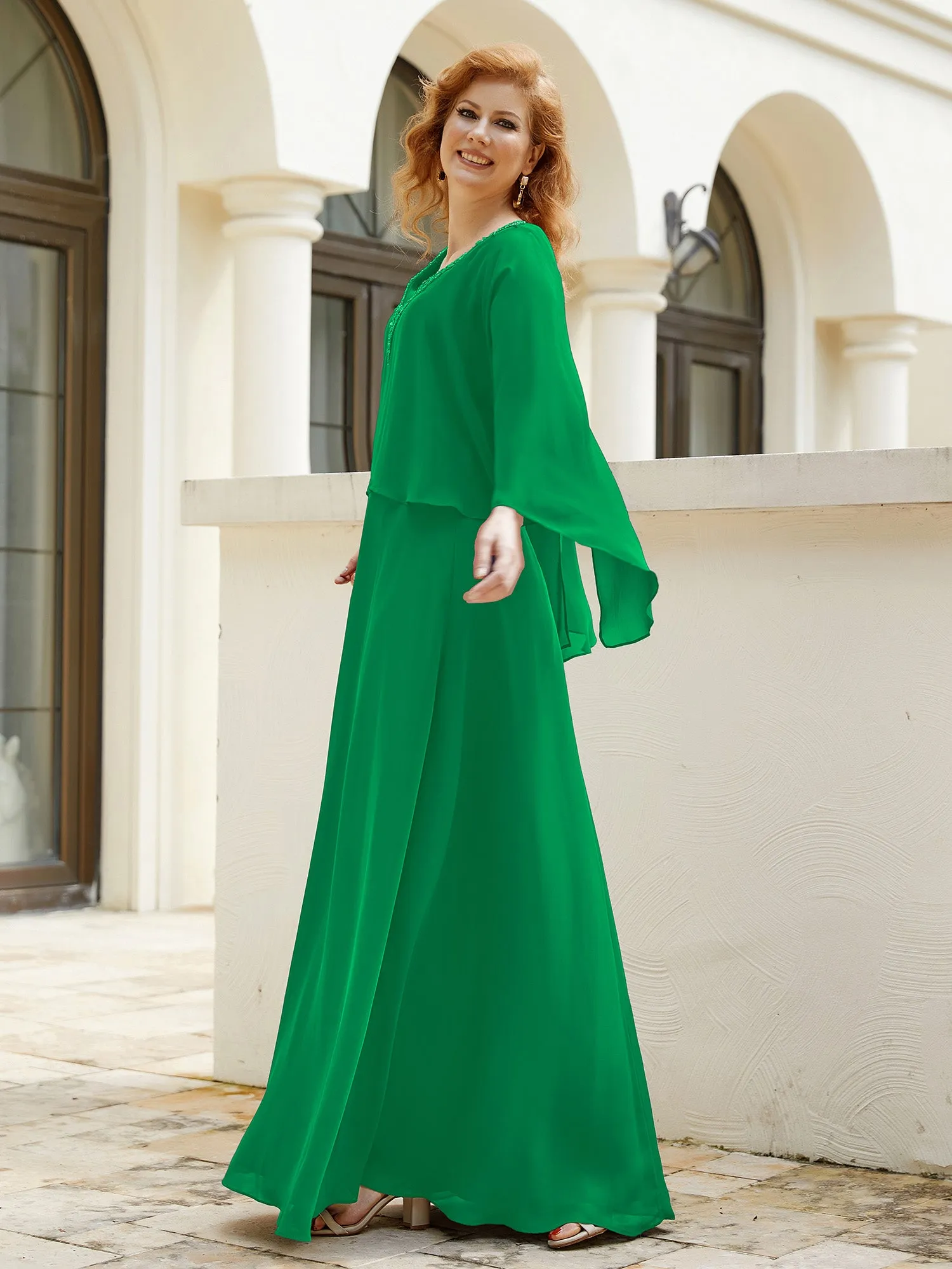 A-Line Flutter Cape Sleeves Dress with Beaded V-neck-Emerald