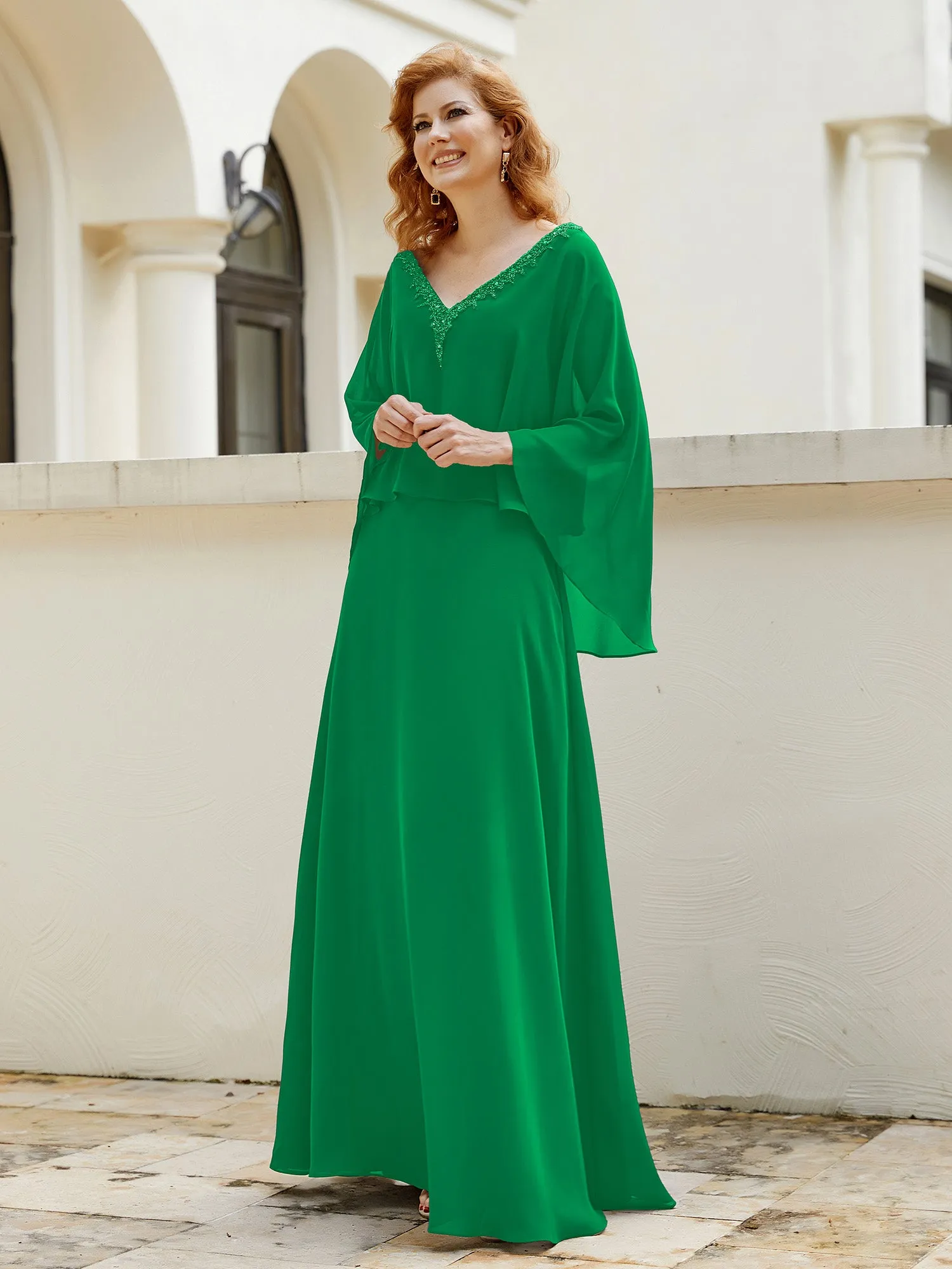 A-Line Flutter Cape Sleeves Dress with Beaded V-neck-Emerald
