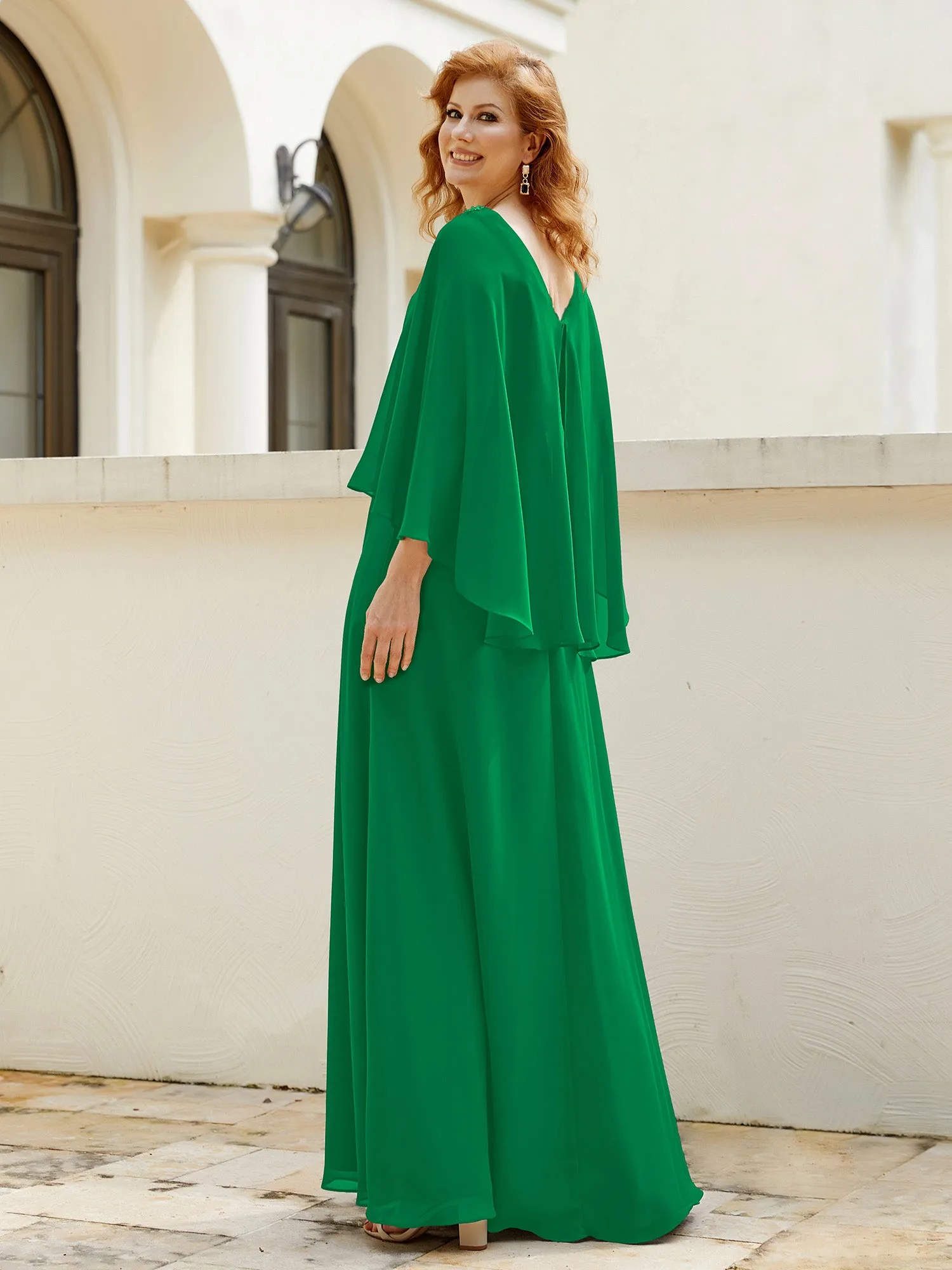 A-Line Flutter Cape Sleeves Dress with Beaded V-neck-Emerald