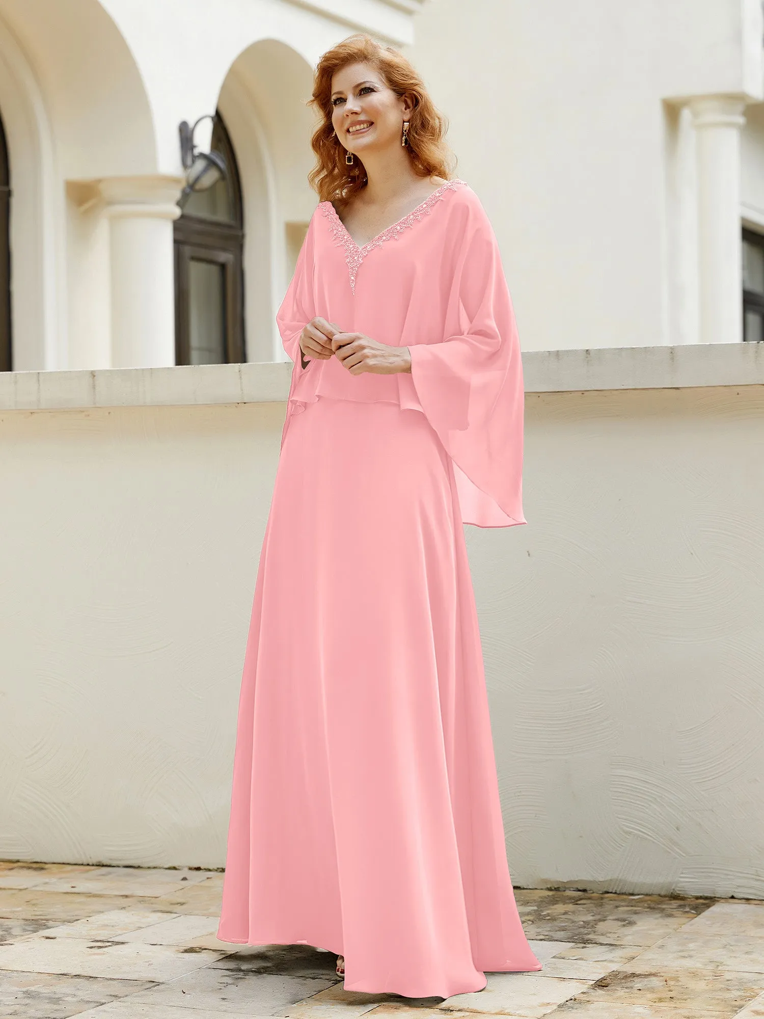 A-Line Flutter Cape Sleeves Dress with Beaded V-neck-Flamingo
