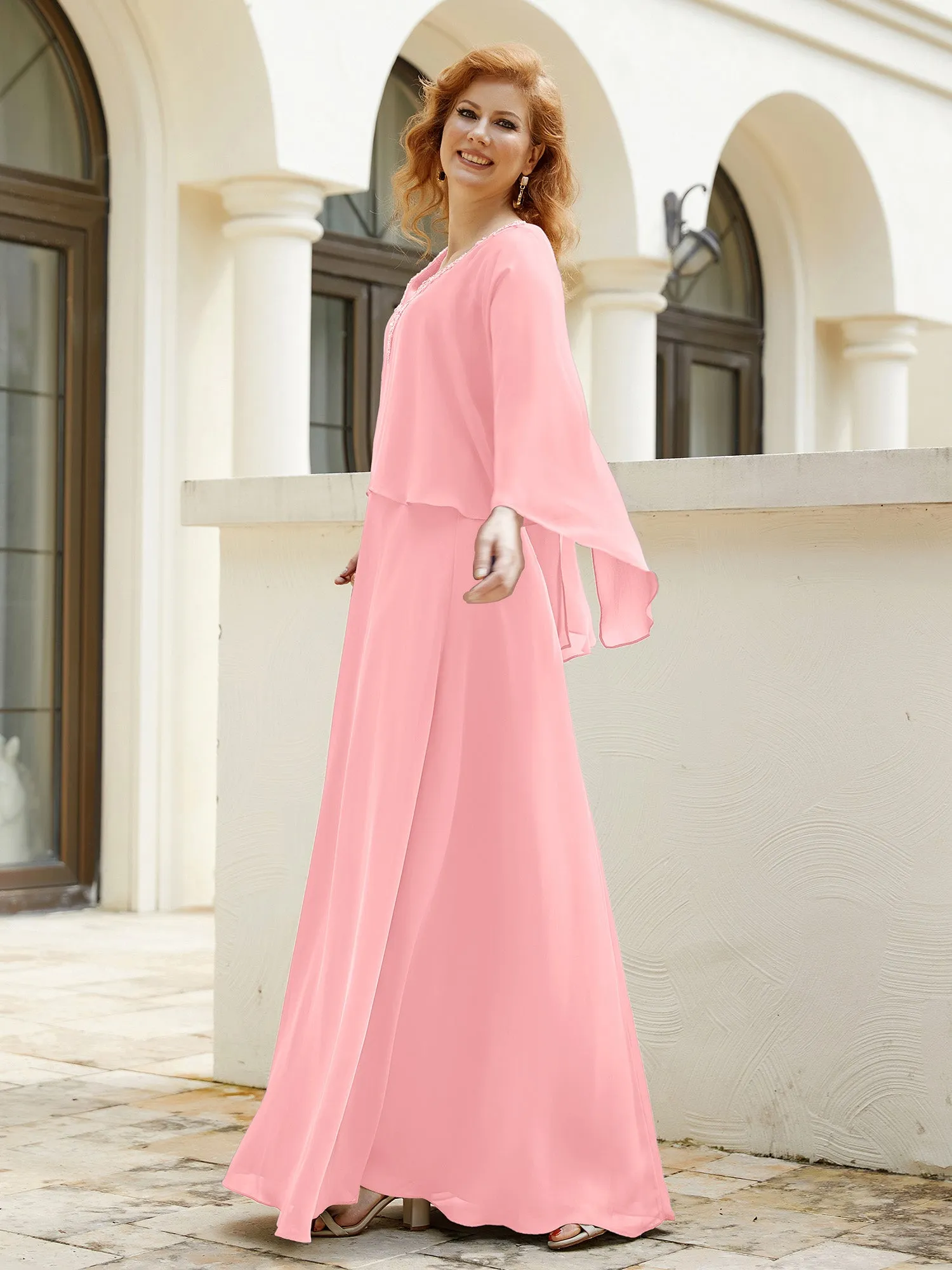 A-Line Flutter Cape Sleeves Dress with Beaded V-neck-Flamingo