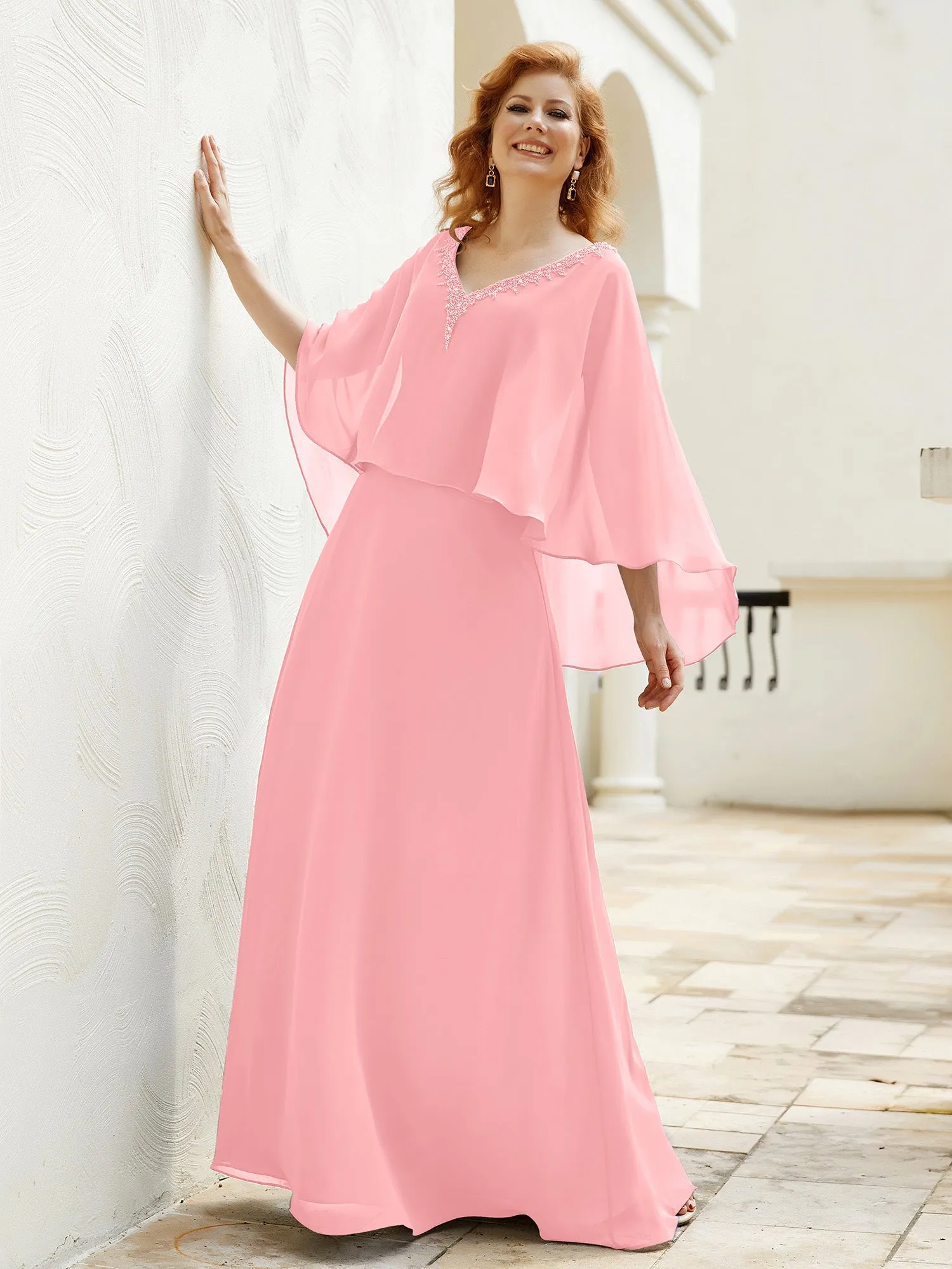 A-Line Flutter Cape Sleeves Dress with Beaded V-neck-Flamingo