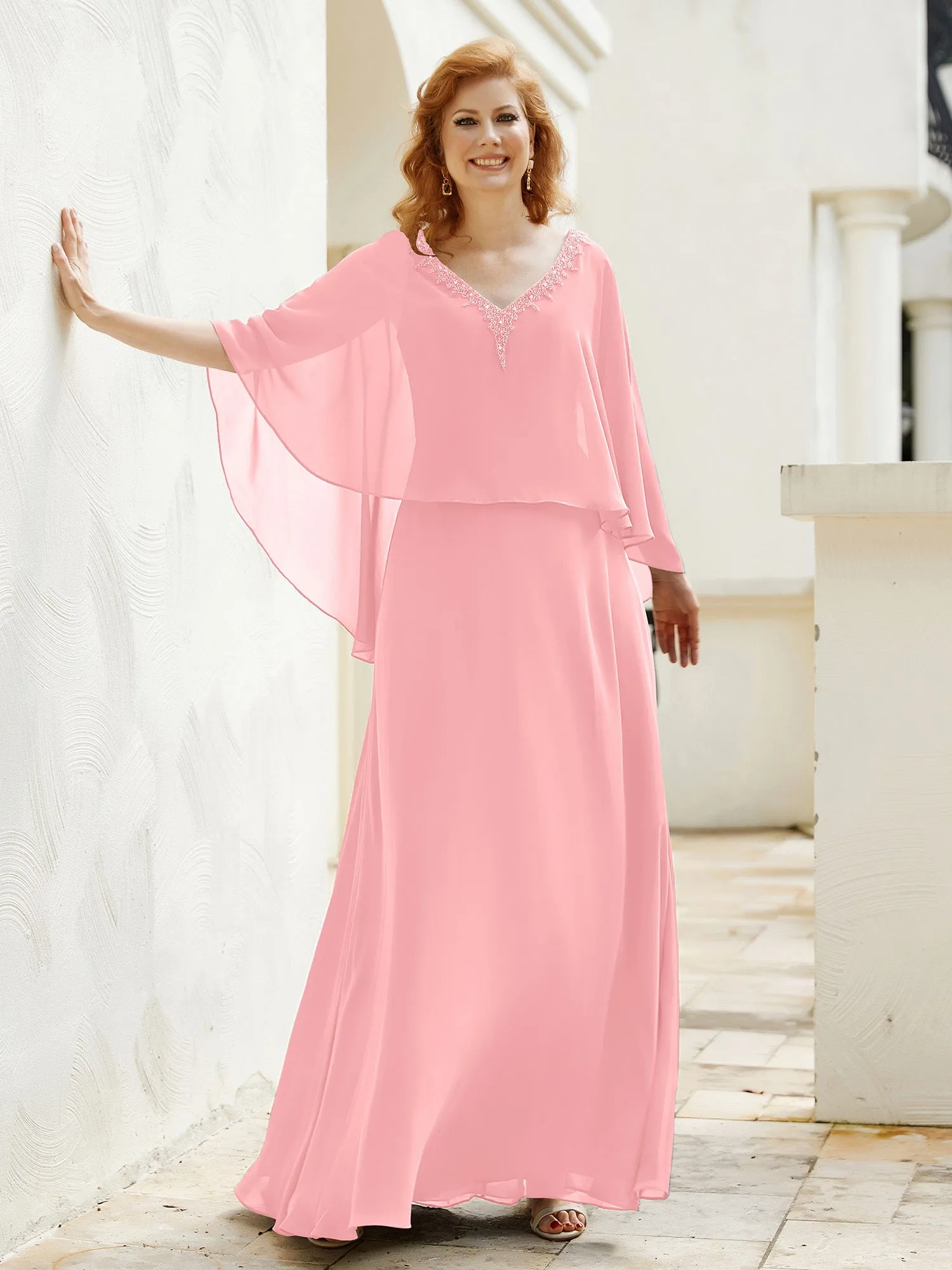 A-Line Flutter Cape Sleeves Dress with Beaded V-neck-Flamingo