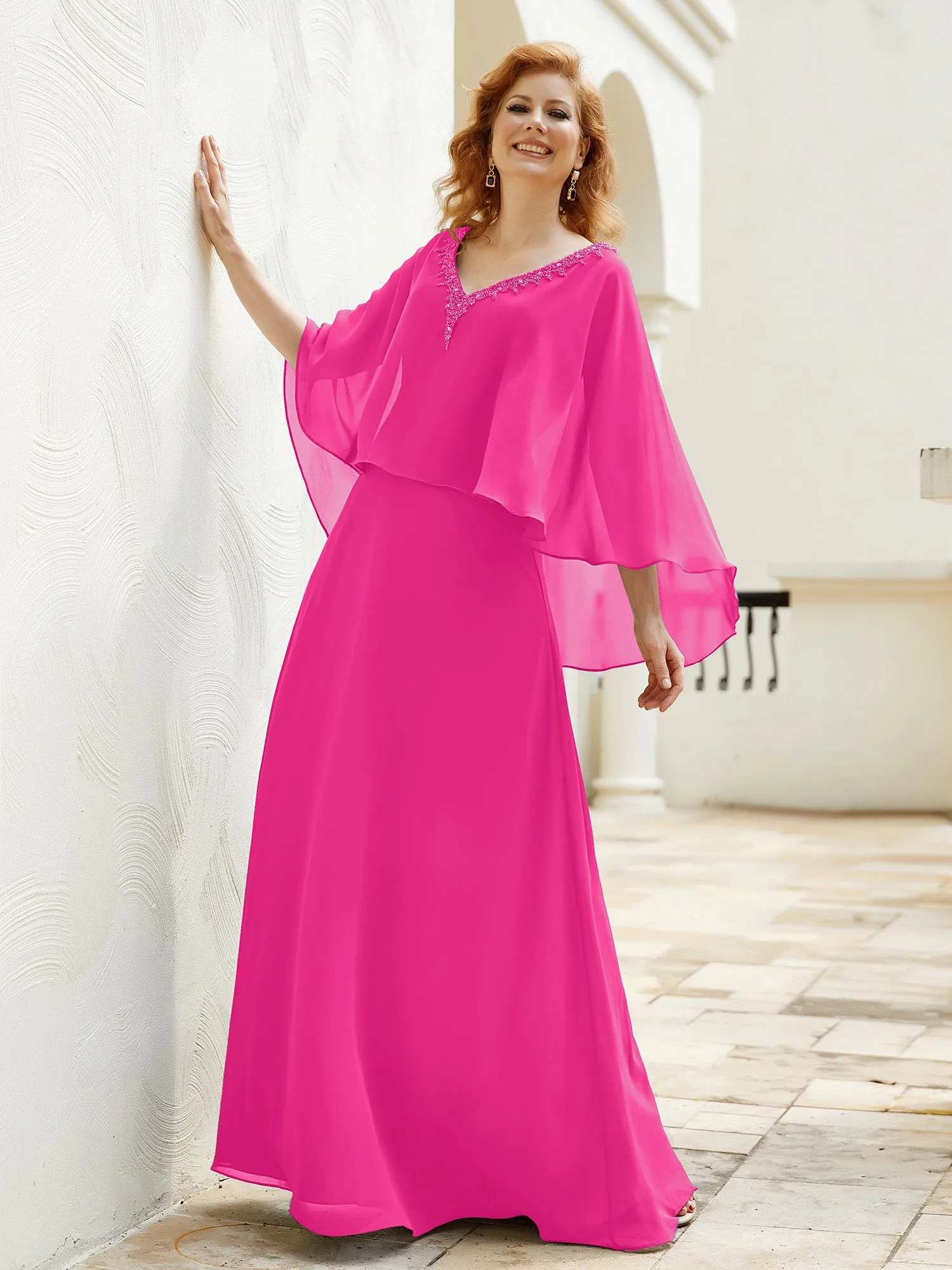 A-Line Flutter Cape Sleeves Dress with Beaded V-neck-Fuchsia