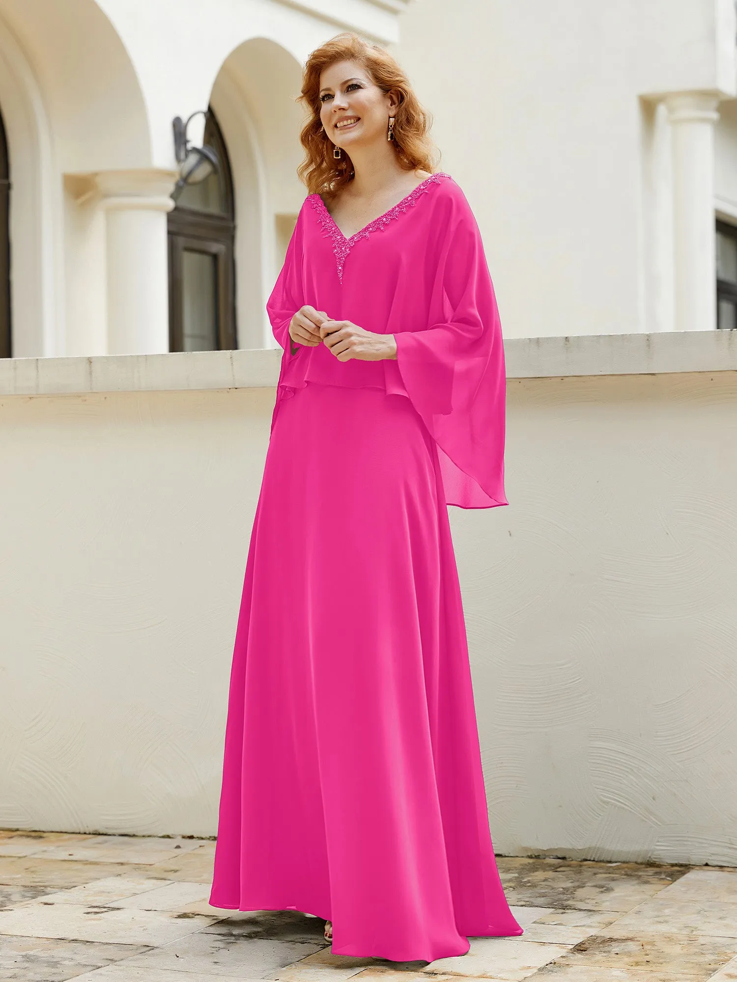 A-Line Flutter Cape Sleeves Dress with Beaded V-neck-Fuchsia