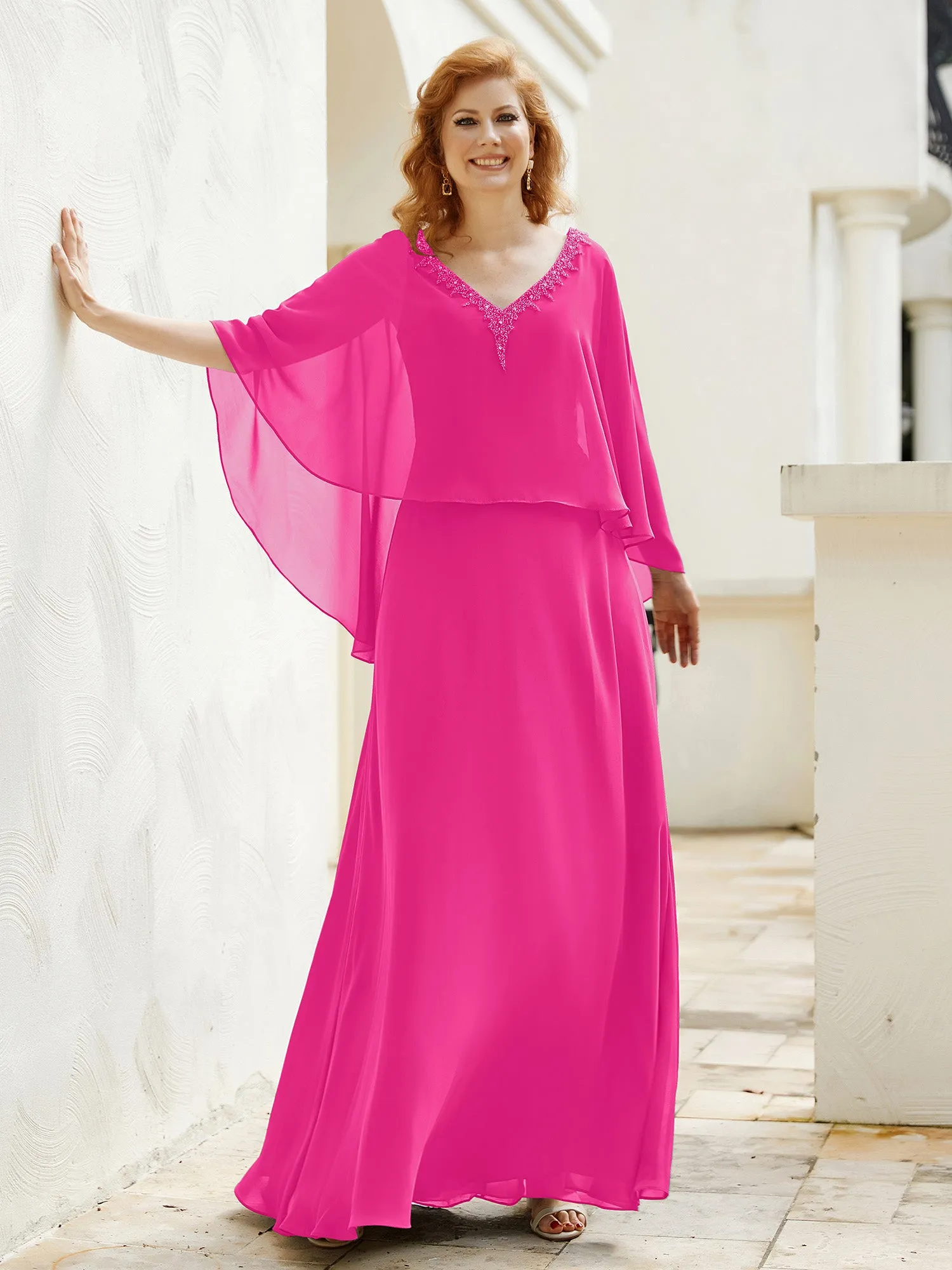 A-Line Flutter Cape Sleeves Dress with Beaded V-neck-Fuchsia
