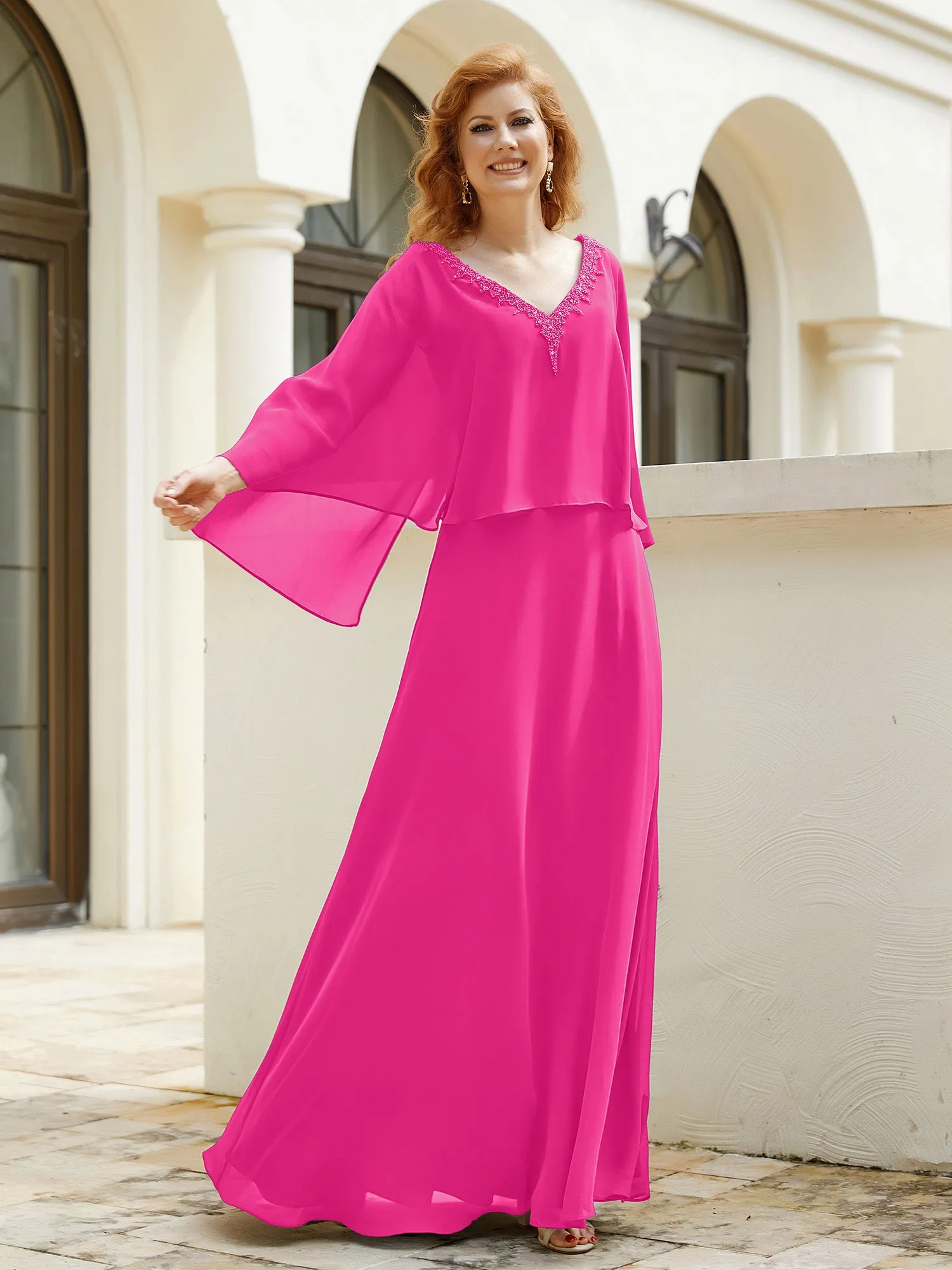 A-Line Flutter Cape Sleeves Dress with Beaded V-neck-Fuchsia