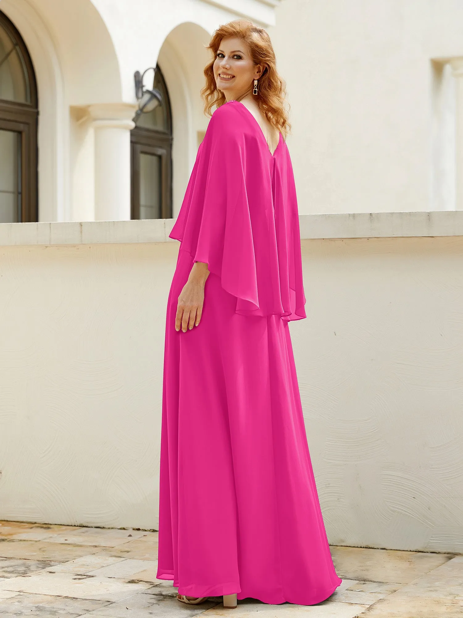 A-Line Flutter Cape Sleeves Dress with Beaded V-neck-Fuchsia