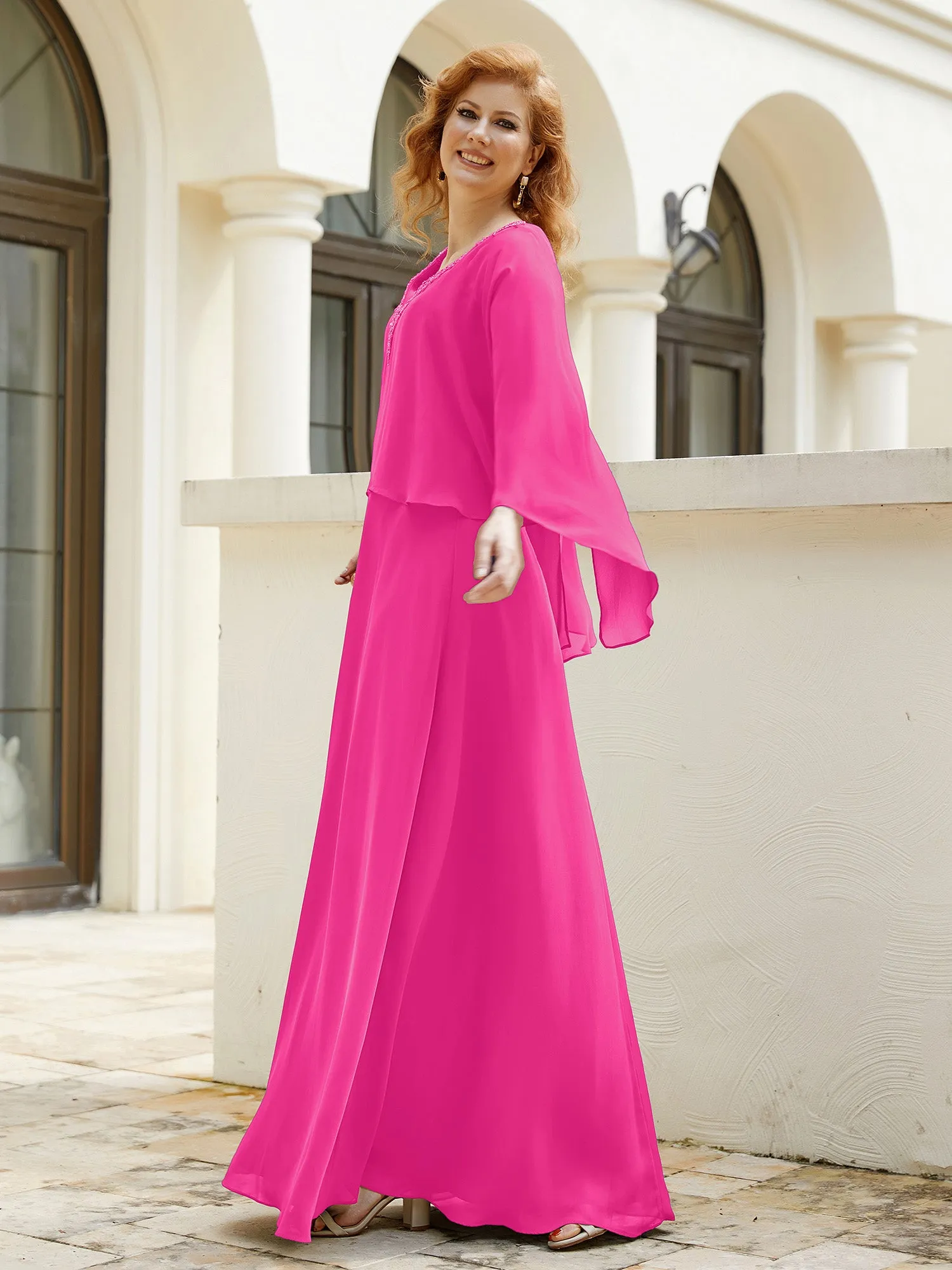 A-Line Flutter Cape Sleeves Dress with Beaded V-neck-Fuchsia