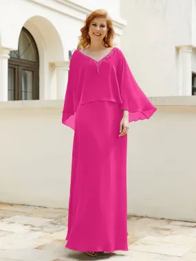 A-Line Flutter Cape Sleeves Dress with Beaded V-neck-Fuchsia