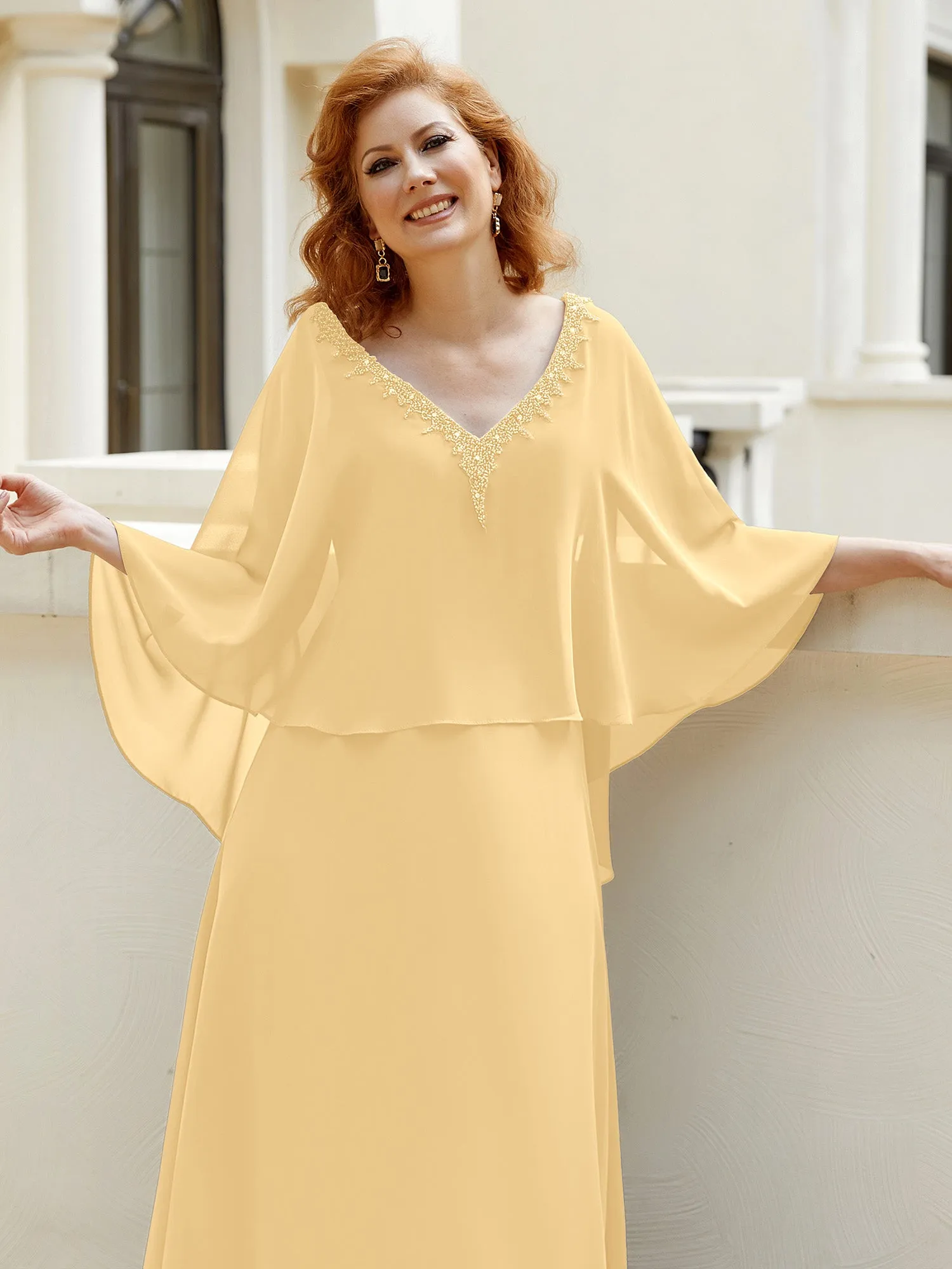 A-Line Flutter Cape Sleeves Dress with Beaded V-neck-Gold