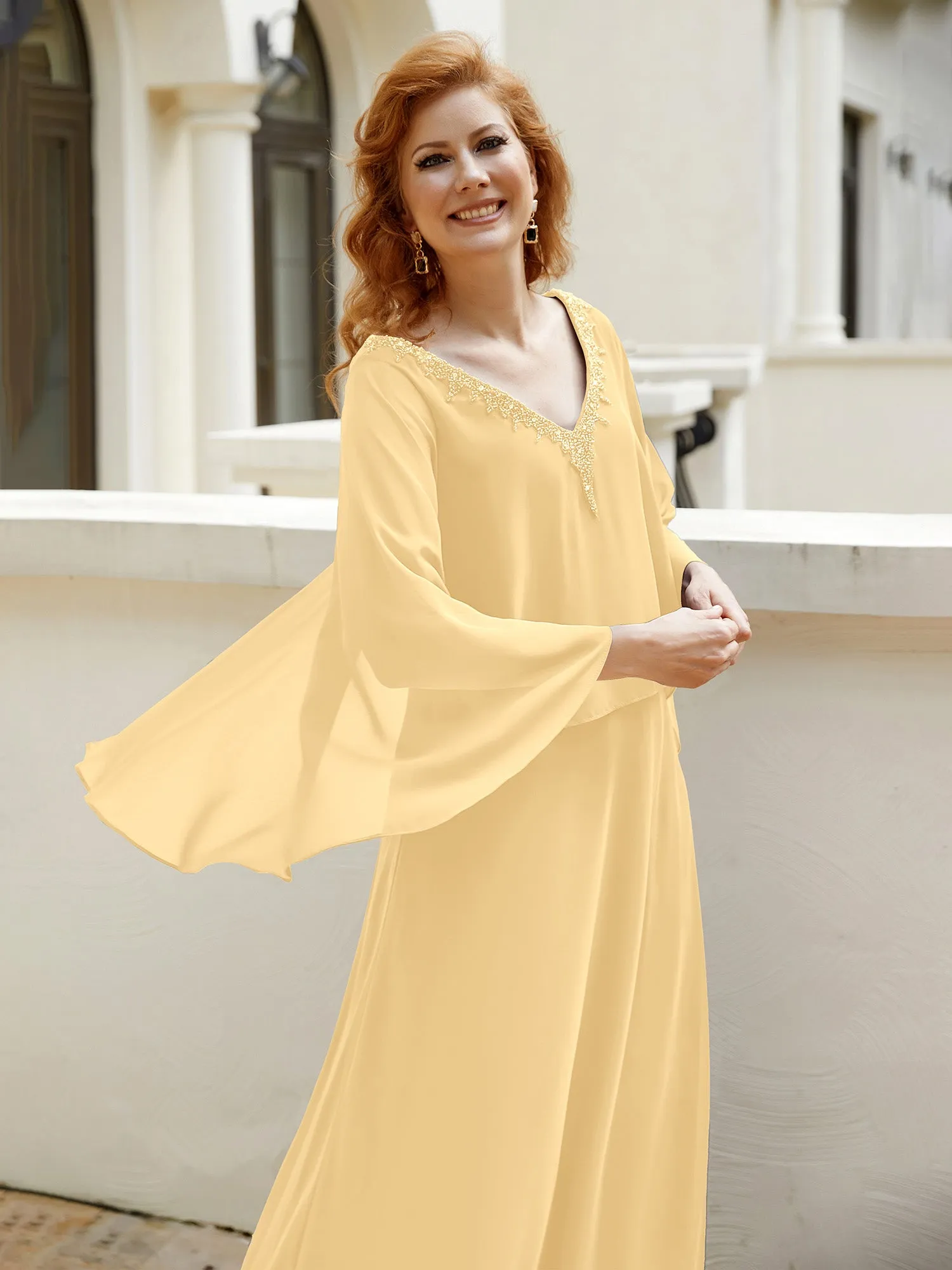A-Line Flutter Cape Sleeves Dress with Beaded V-neck-Gold