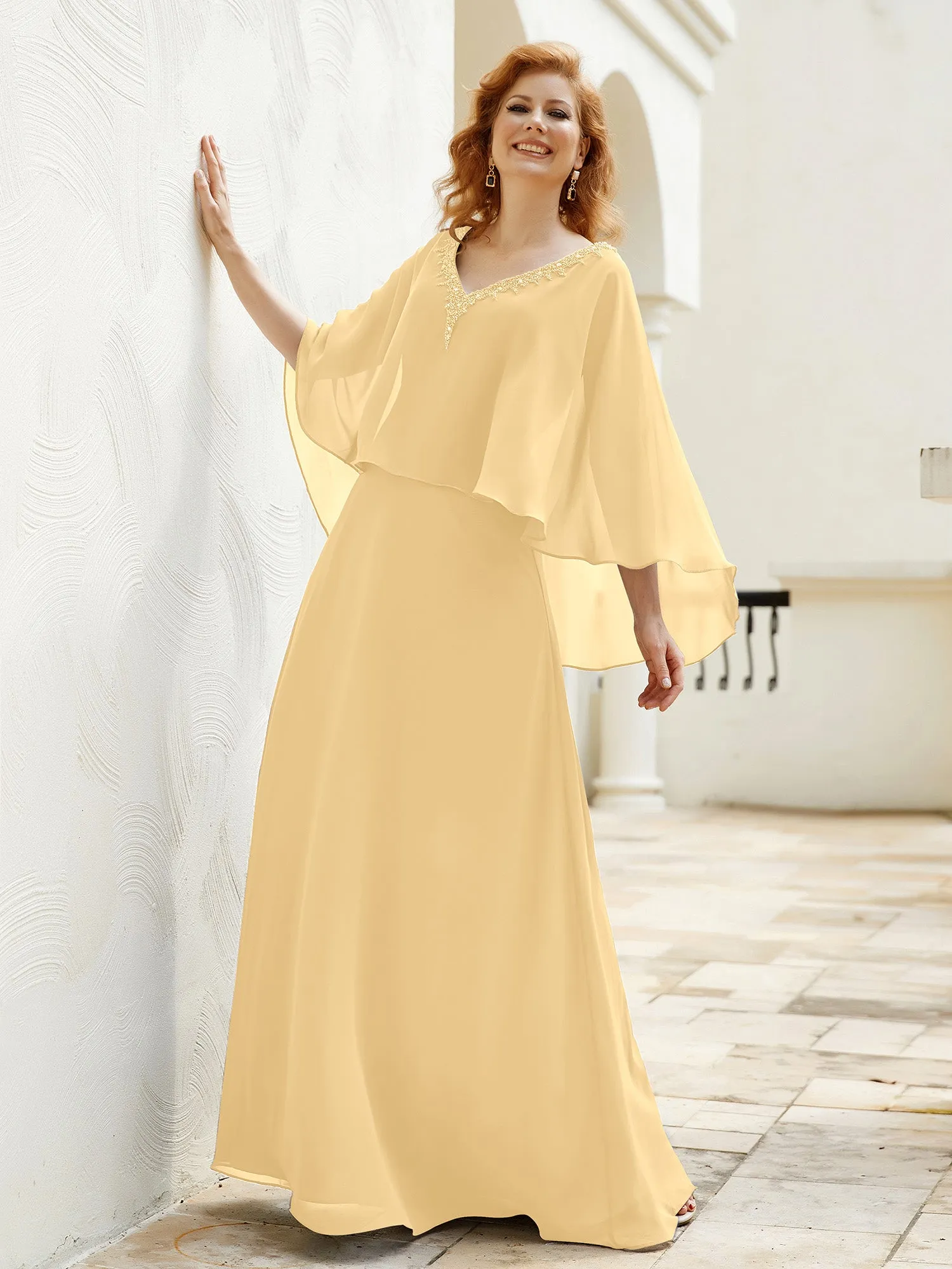 A-Line Flutter Cape Sleeves Dress with Beaded V-neck-Gold