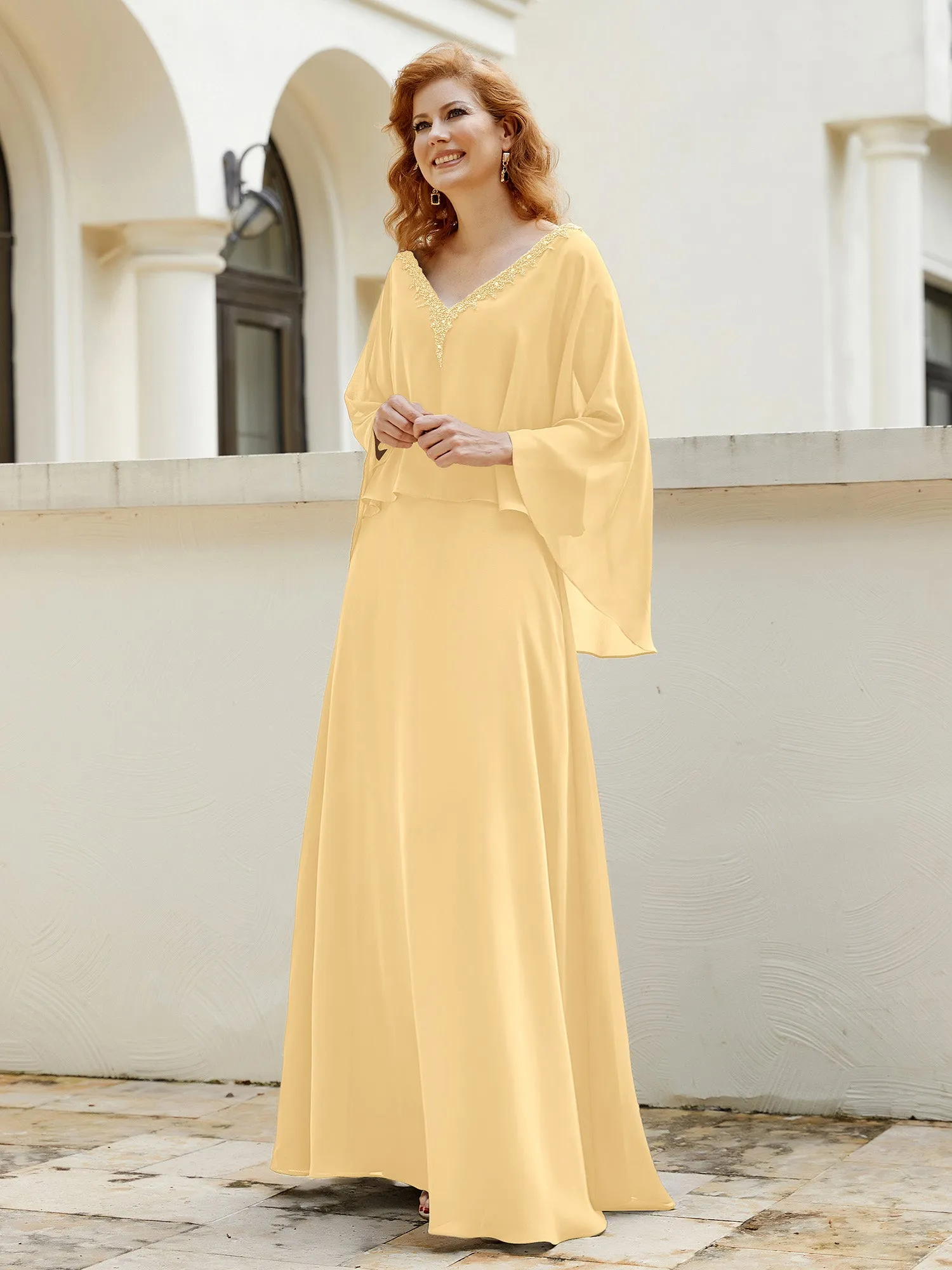 A-Line Flutter Cape Sleeves Dress with Beaded V-neck-Gold