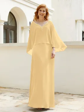 A-Line Flutter Cape Sleeves Dress with Beaded V-neck-Gold