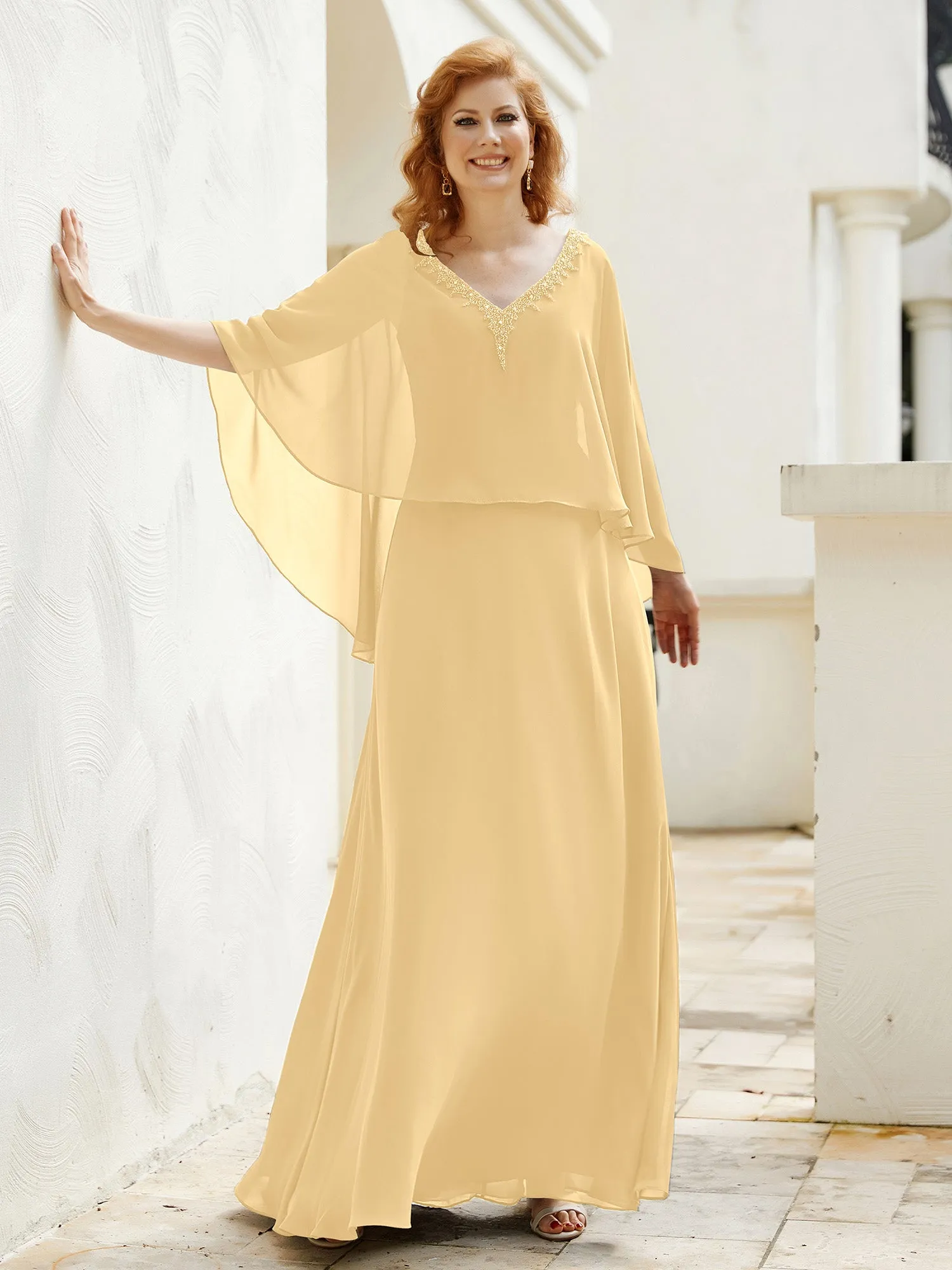 A-Line Flutter Cape Sleeves Dress with Beaded V-neck-Gold