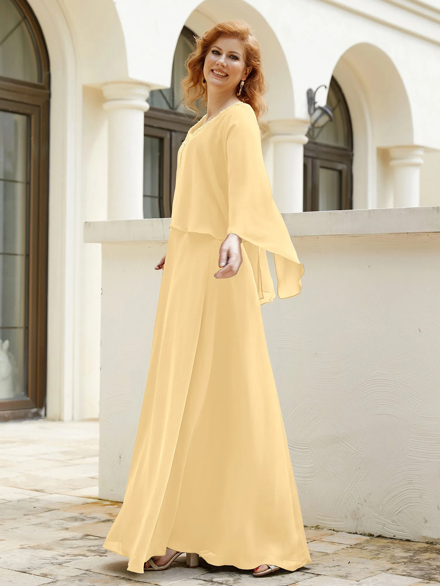 A-Line Flutter Cape Sleeves Dress with Beaded V-neck-Gold