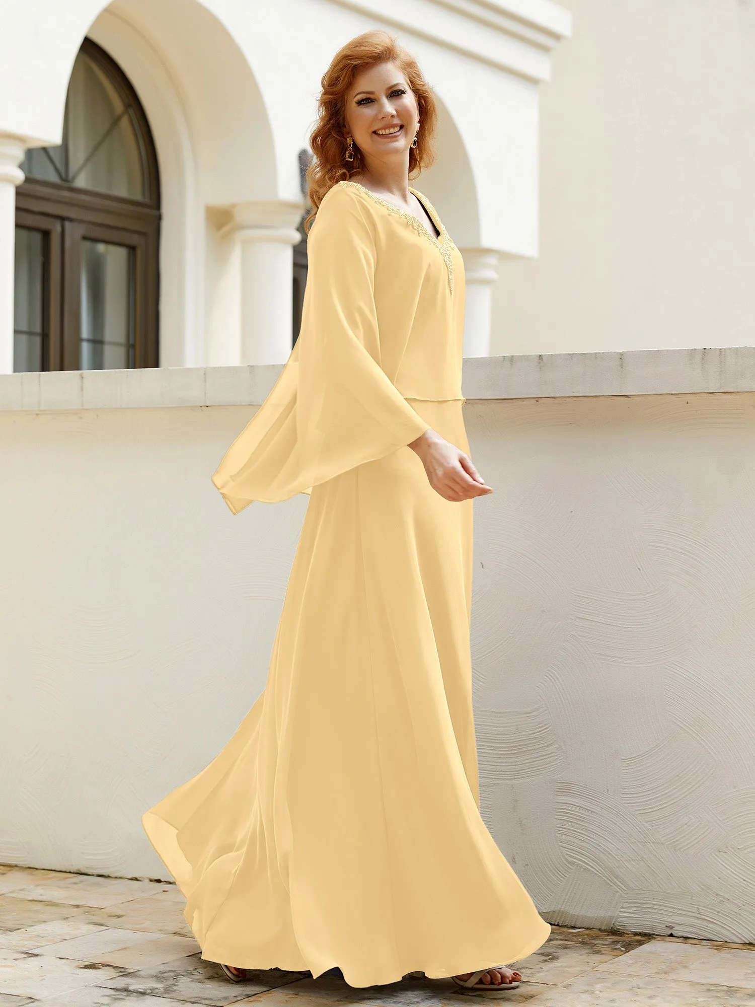 A-Line Flutter Cape Sleeves Dress with Beaded V-neck-Gold
