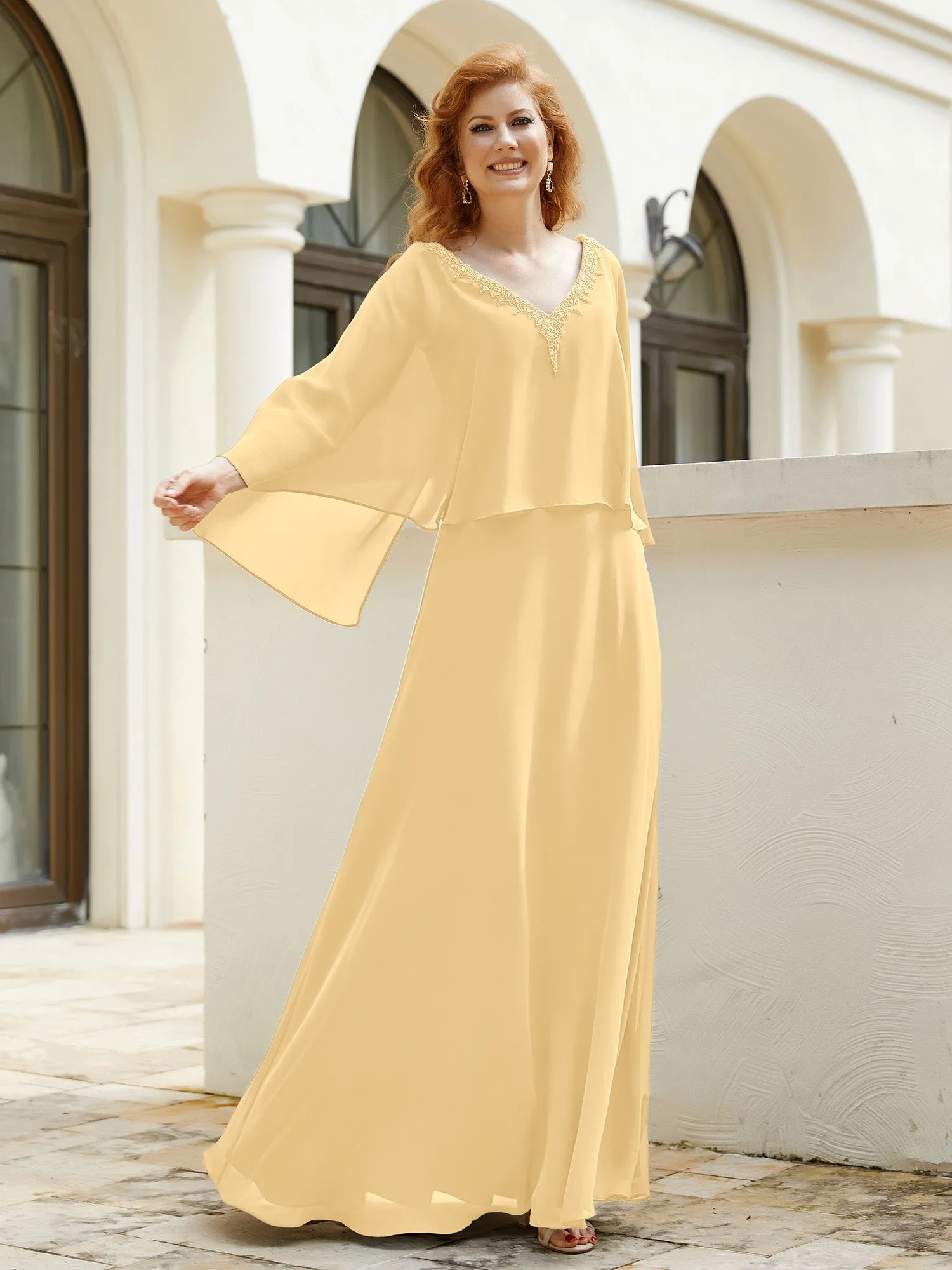 A-Line Flutter Cape Sleeves Dress with Beaded V-neck-Gold
