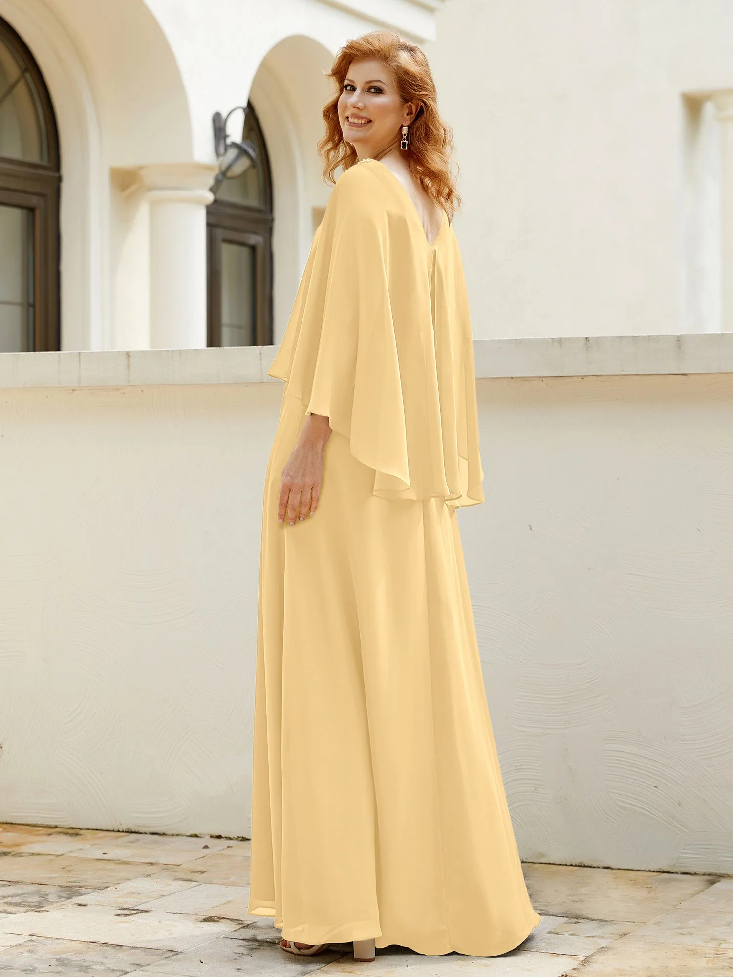 A-Line Flutter Cape Sleeves Dress with Beaded V-neck-Gold