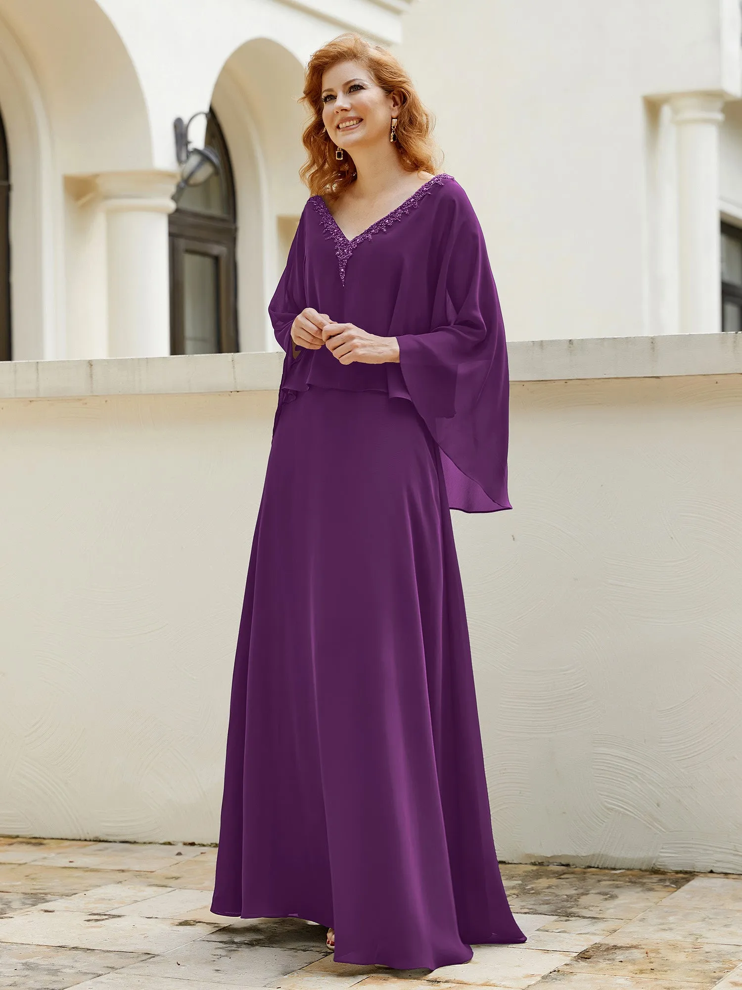 A-Line Flutter Cape Sleeves Dress with Beaded V-neck-Grape