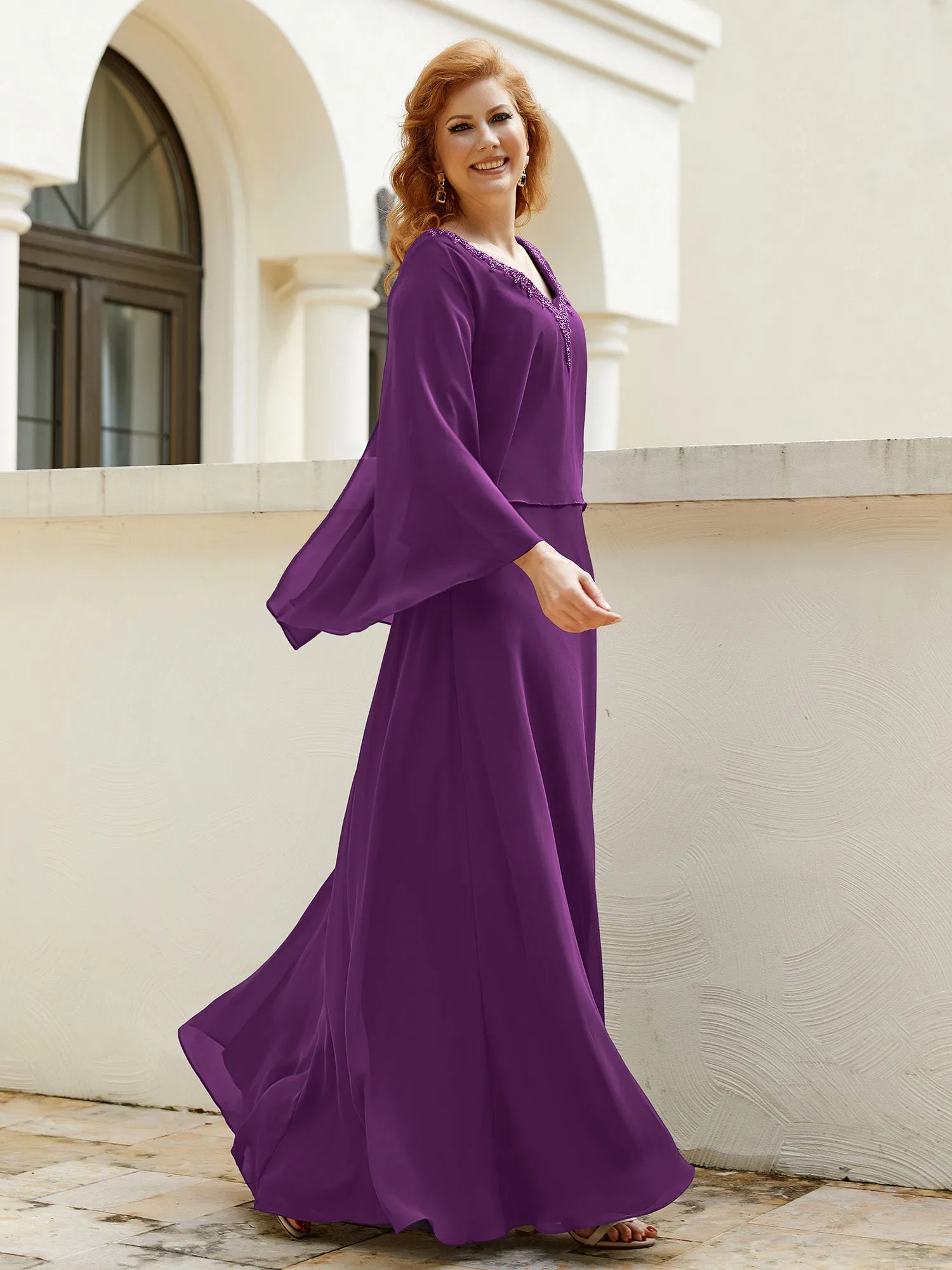 A-Line Flutter Cape Sleeves Dress with Beaded V-neck-Grape