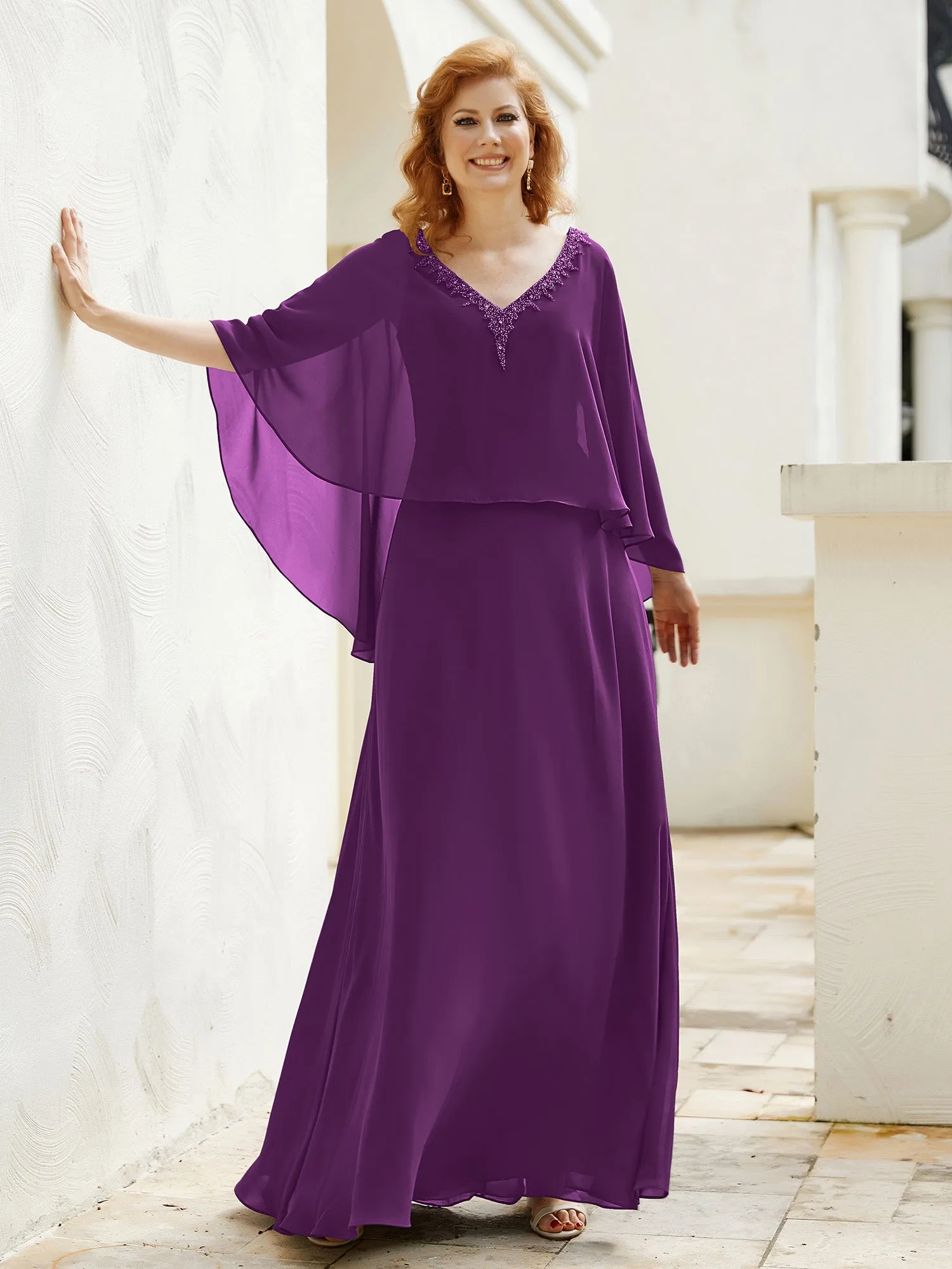 A-Line Flutter Cape Sleeves Dress with Beaded V-neck-Grape