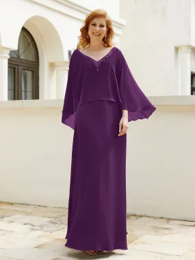 A-Line Flutter Cape Sleeves Dress with Beaded V-neck-Grape