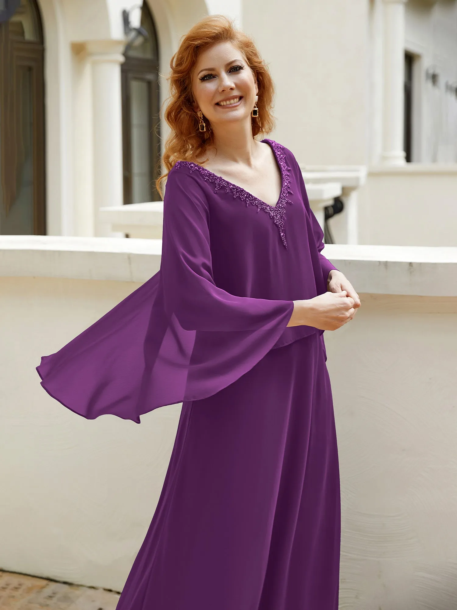 A-Line Flutter Cape Sleeves Dress with Beaded V-neck-Grape