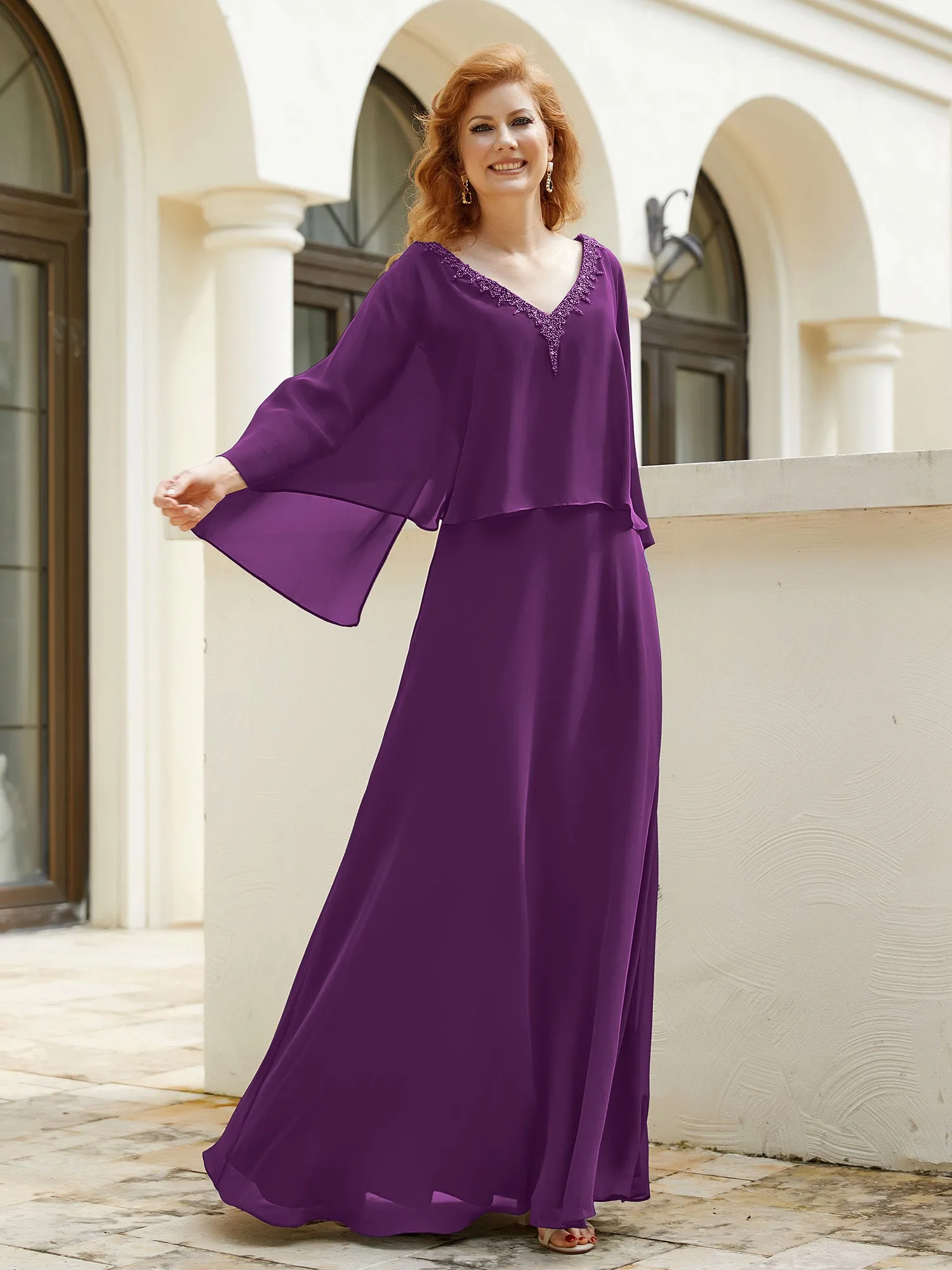 A-Line Flutter Cape Sleeves Dress with Beaded V-neck-Grape