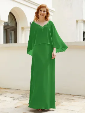 A-Line Flutter Cape Sleeves Dress with Beaded V-neck-Green