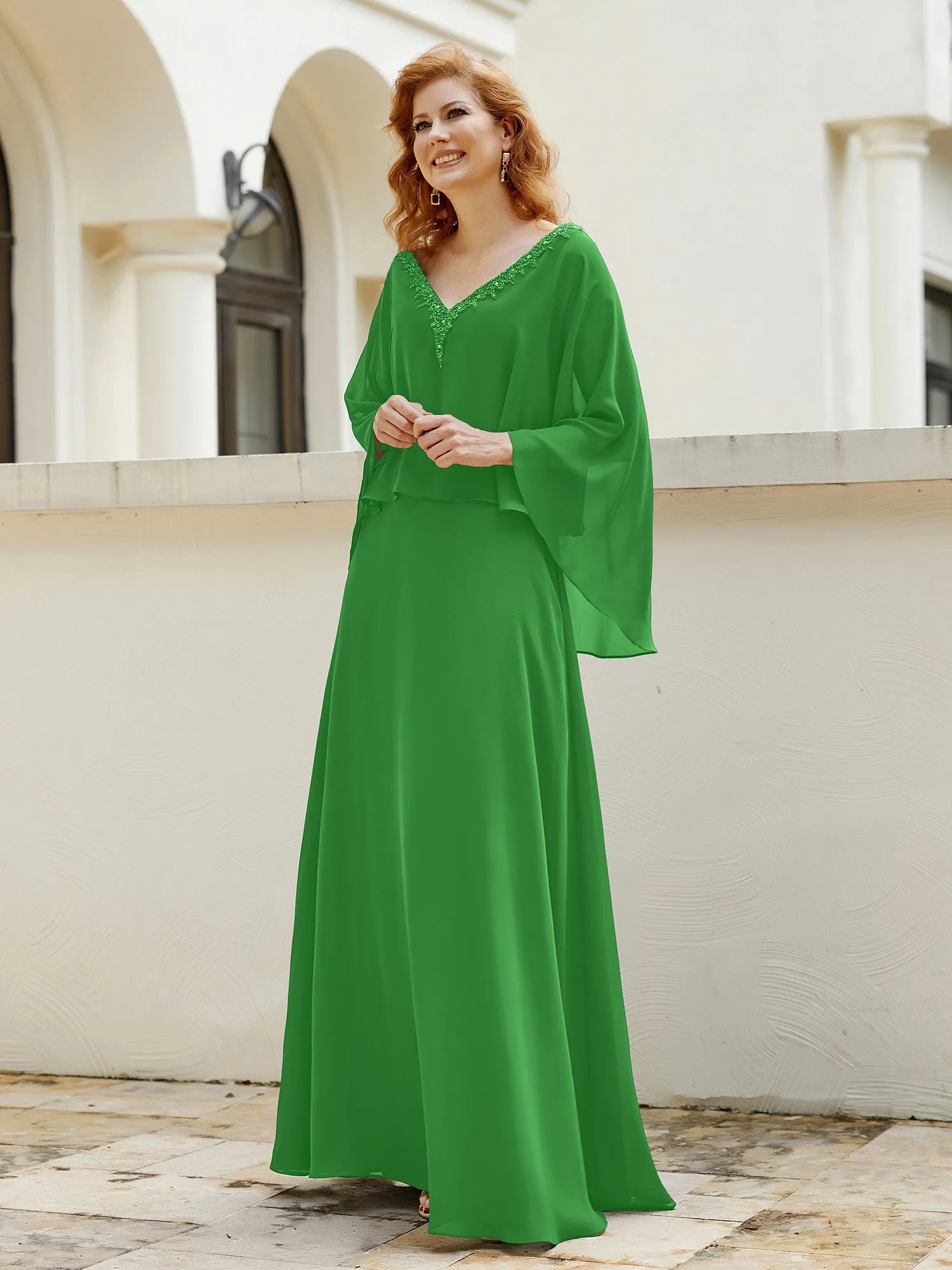A-Line Flutter Cape Sleeves Dress with Beaded V-neck-Green