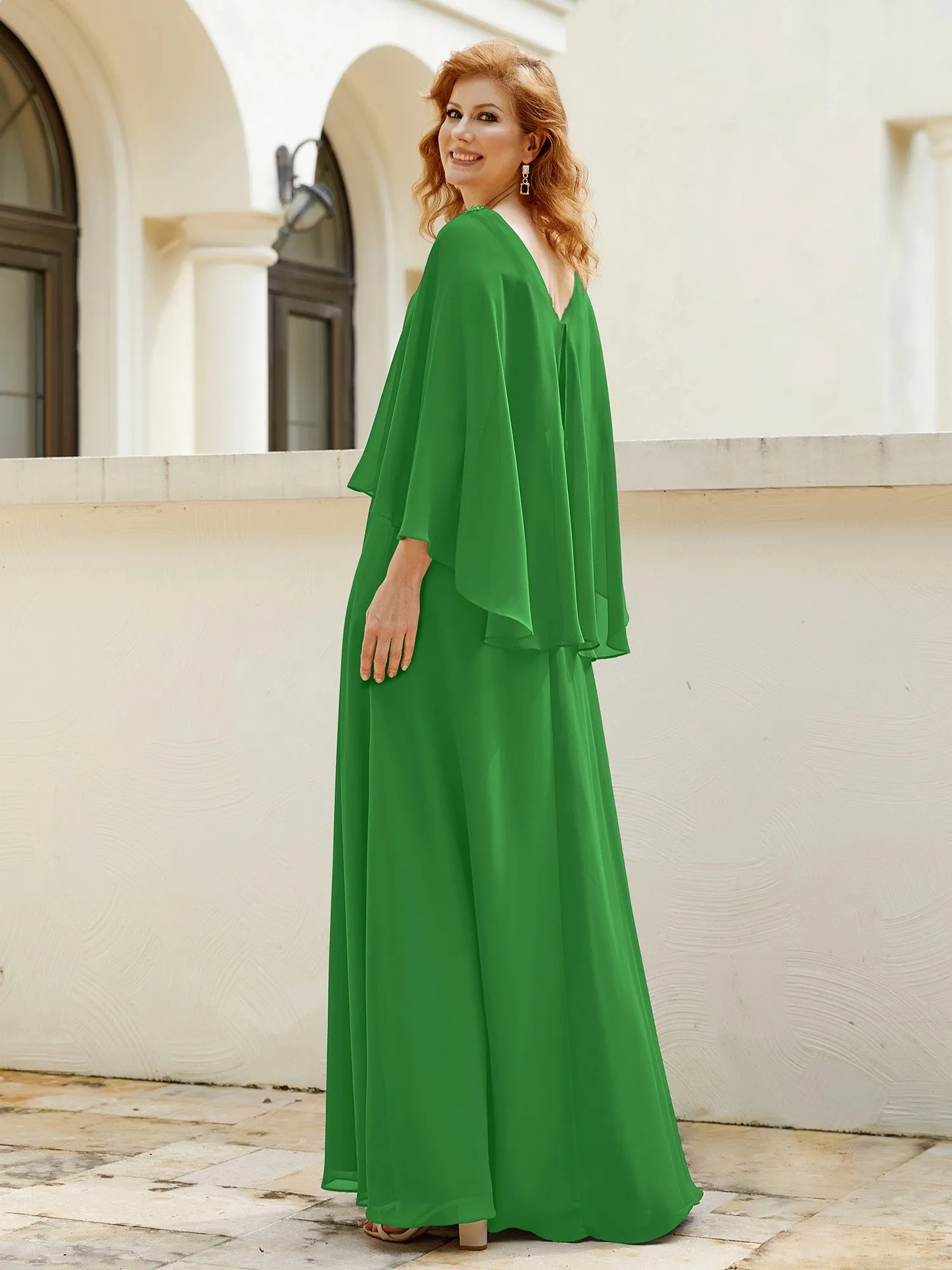 A-Line Flutter Cape Sleeves Dress with Beaded V-neck-Green