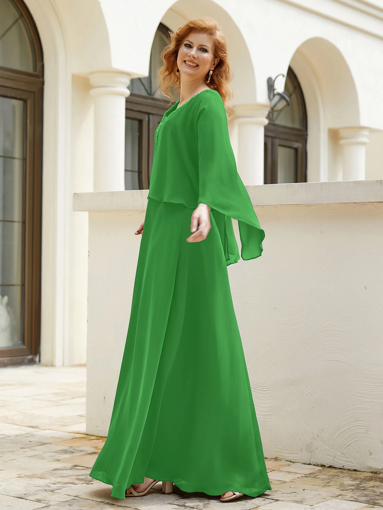 A-Line Flutter Cape Sleeves Dress with Beaded V-neck-Green