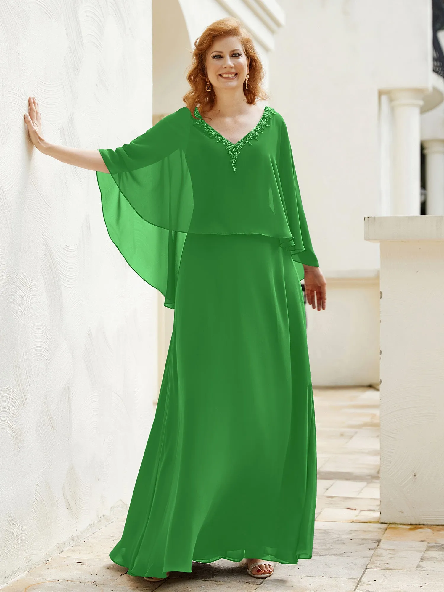 A-Line Flutter Cape Sleeves Dress with Beaded V-neck-Green
