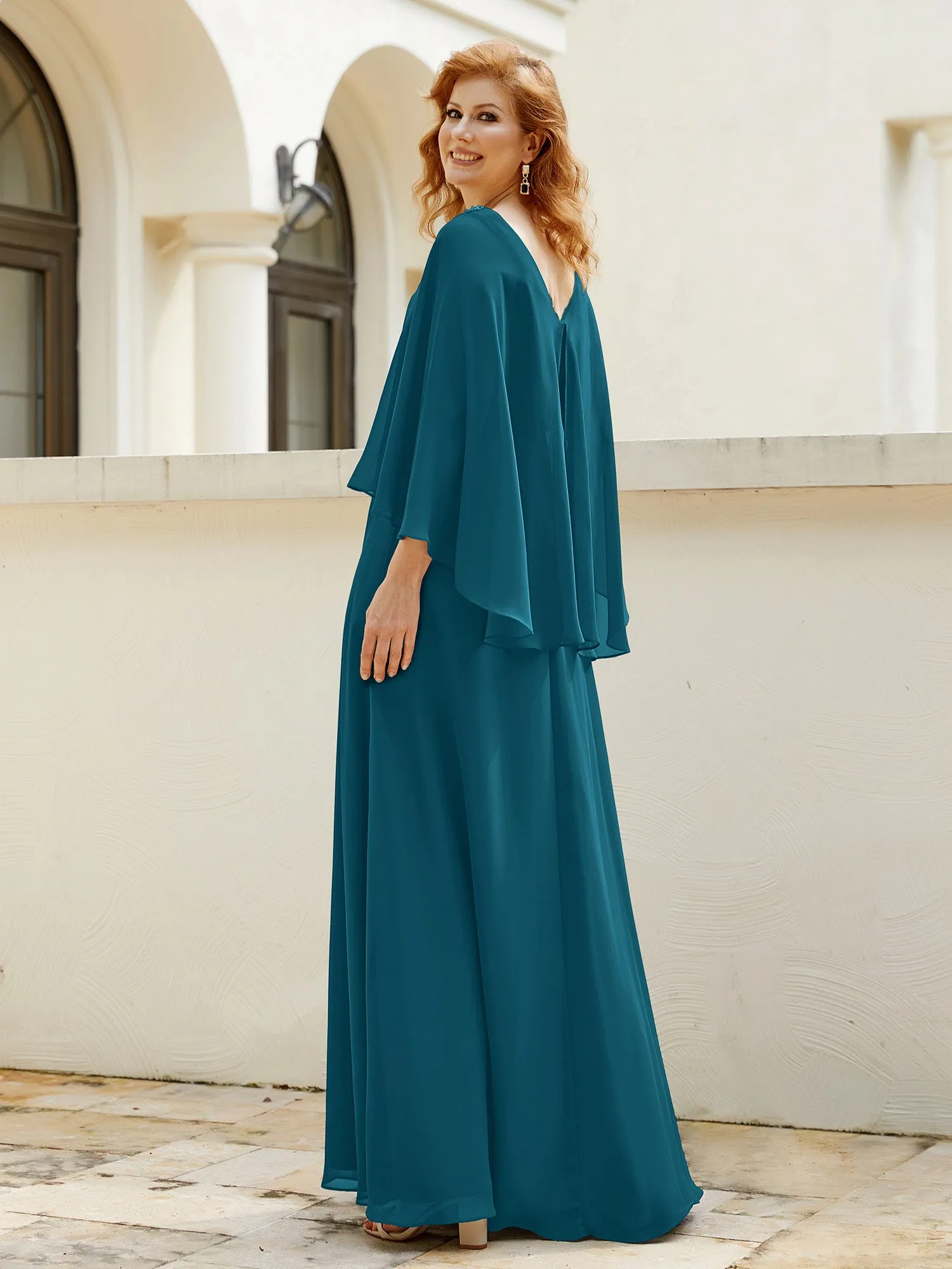 A-Line Flutter Cape Sleeves Dress with Beaded V-neck-Ink Blue