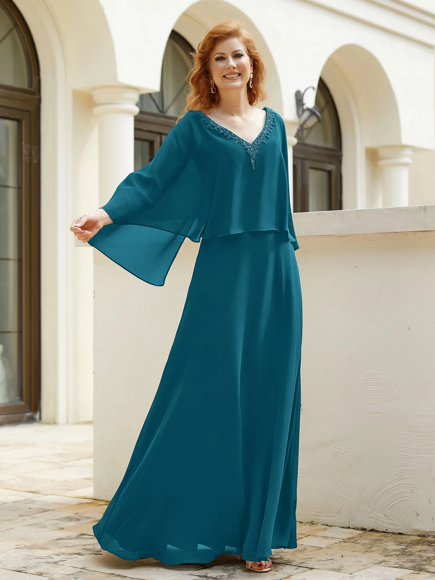 A-Line Flutter Cape Sleeves Dress with Beaded V-neck-Ink Blue