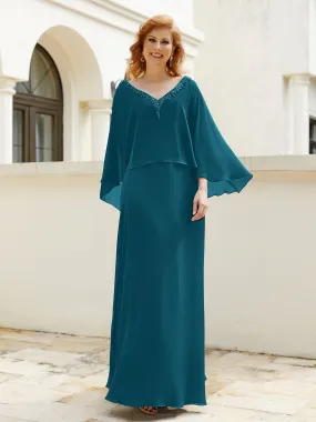 A-Line Flutter Cape Sleeves Dress with Beaded V-neck-Ink Blue