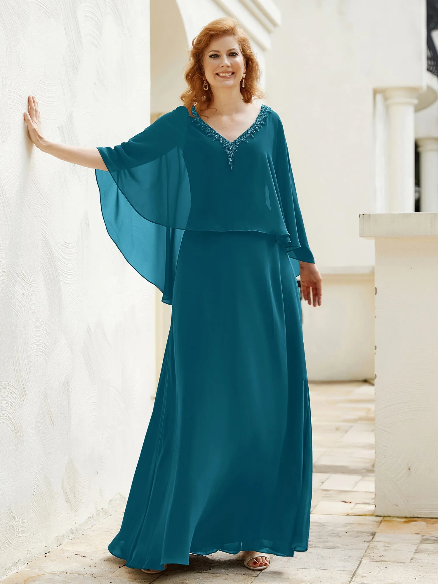 A-Line Flutter Cape Sleeves Dress with Beaded V-neck-Ink Blue