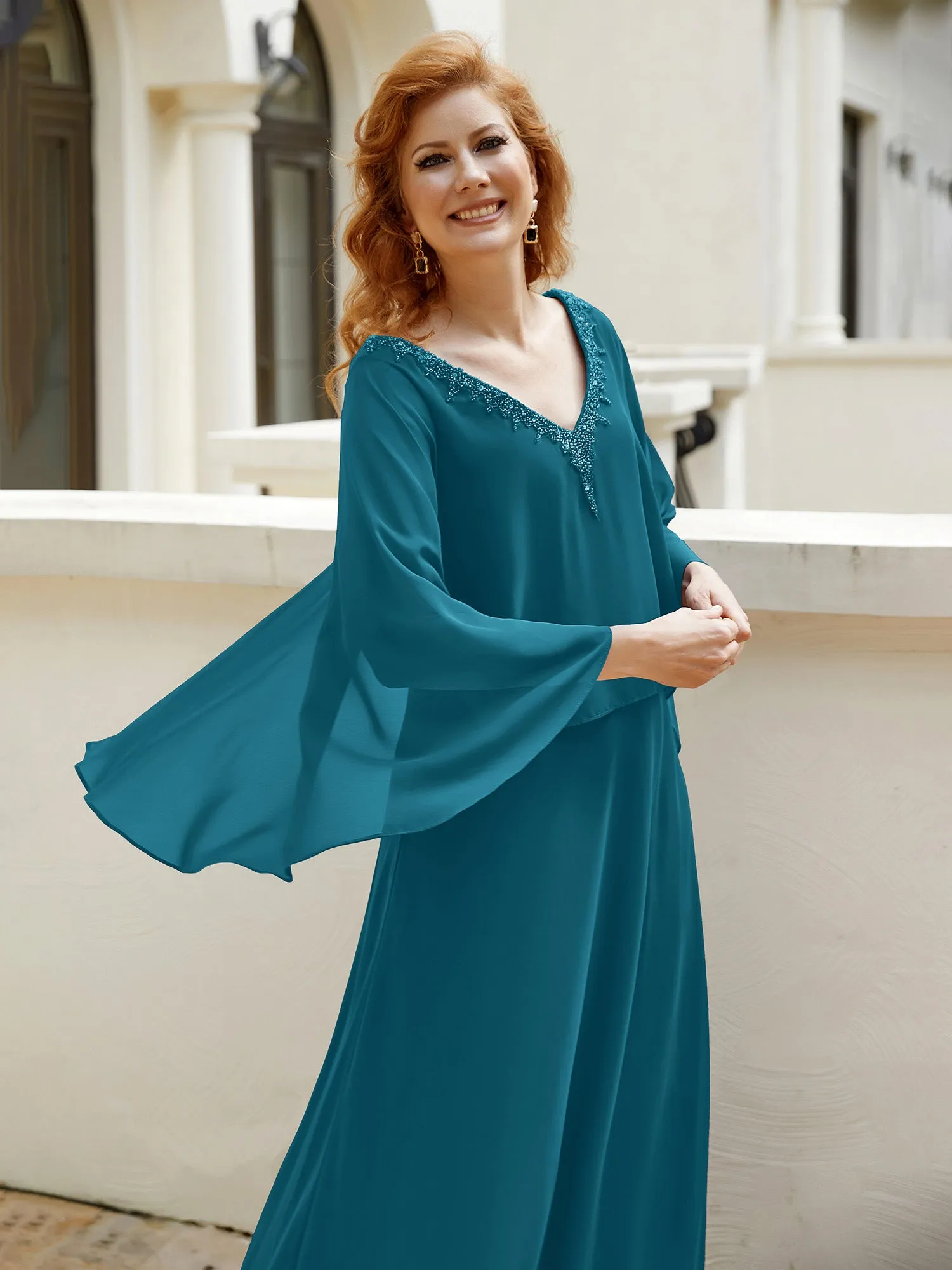 A-Line Flutter Cape Sleeves Dress with Beaded V-neck-Ink Blue