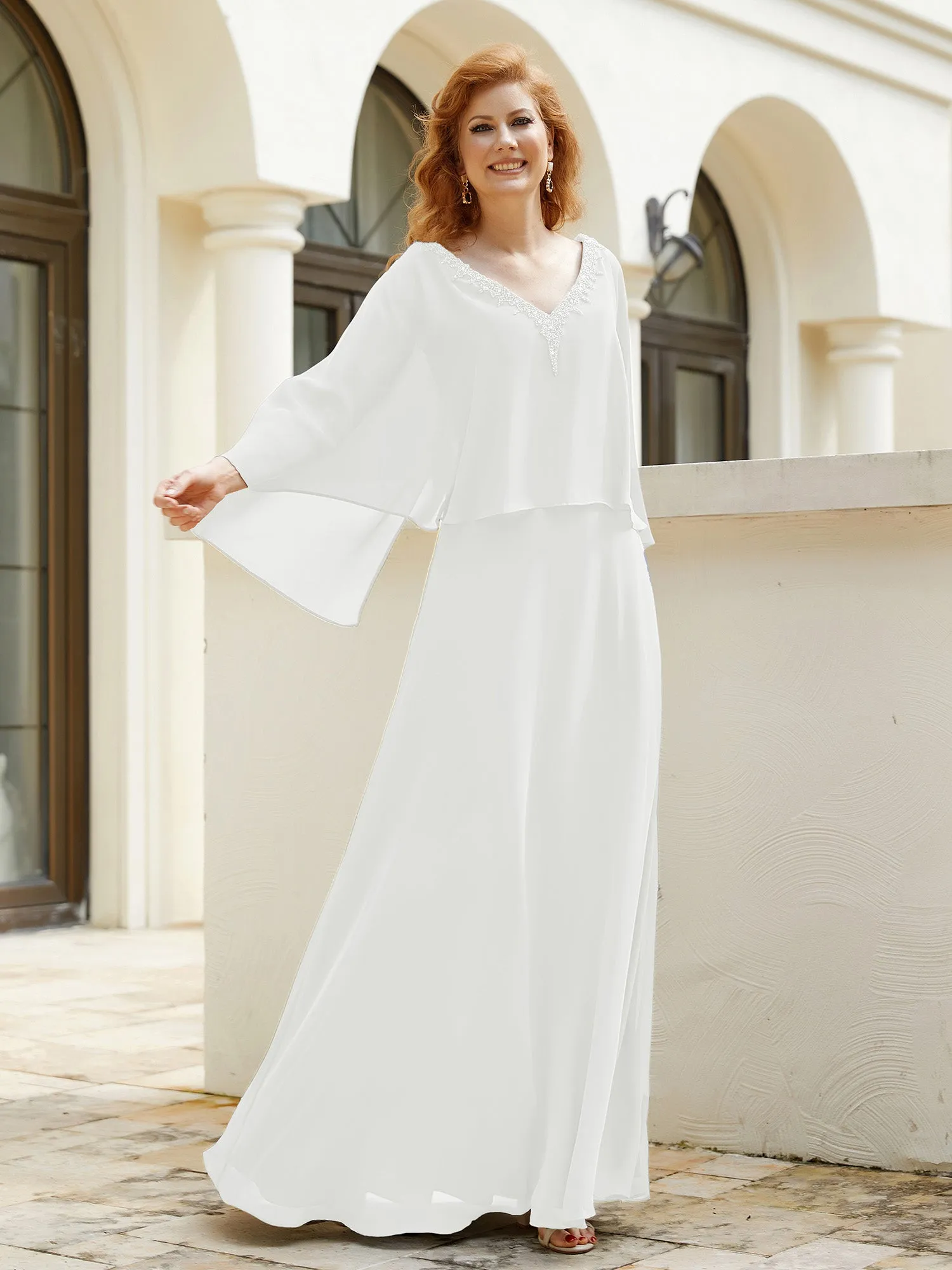 A-Line Flutter Cape Sleeves Dress with Beaded V-neck-Ivory