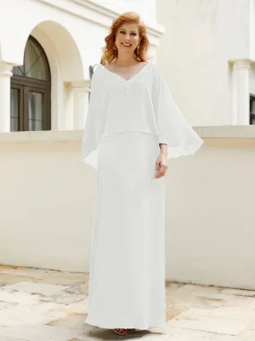 A-Line Flutter Cape Sleeves Dress with Beaded V-neck-Ivory