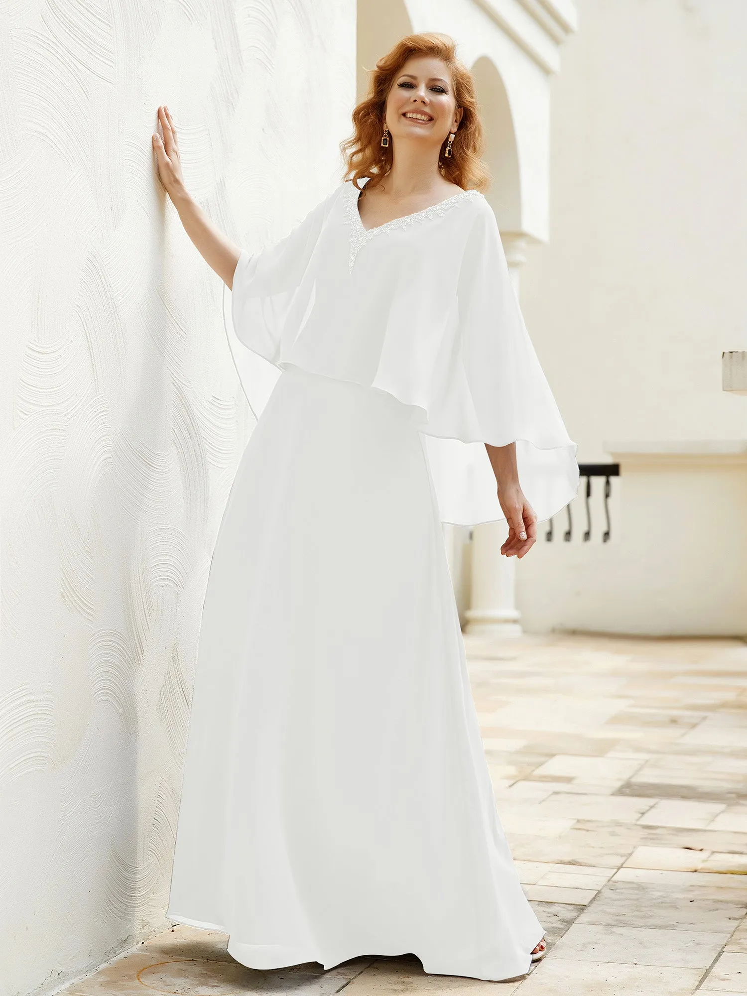 A-Line Flutter Cape Sleeves Dress with Beaded V-neck-Ivory