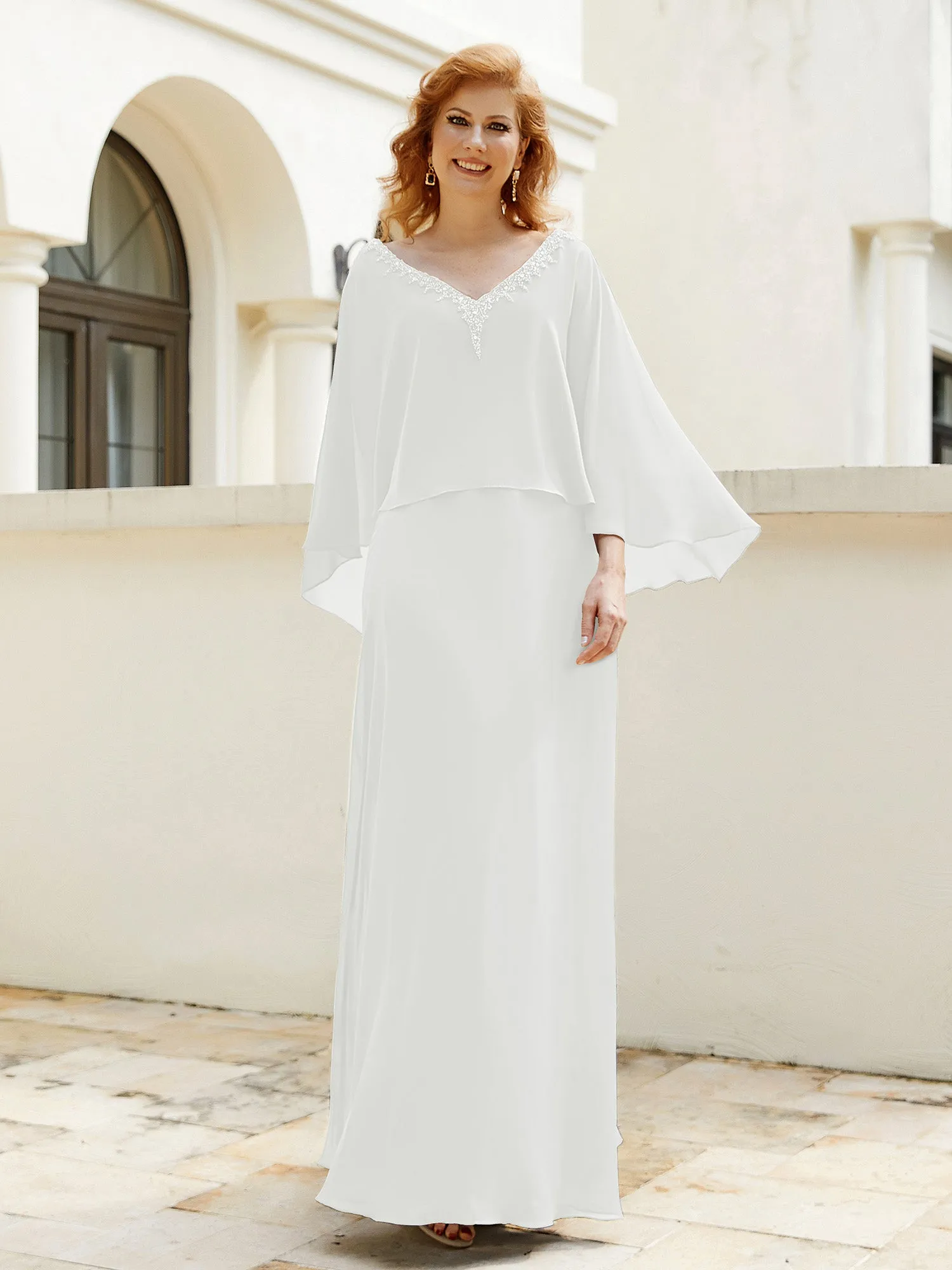 A-Line Flutter Cape Sleeves Dress with Beaded V-neck-Ivory