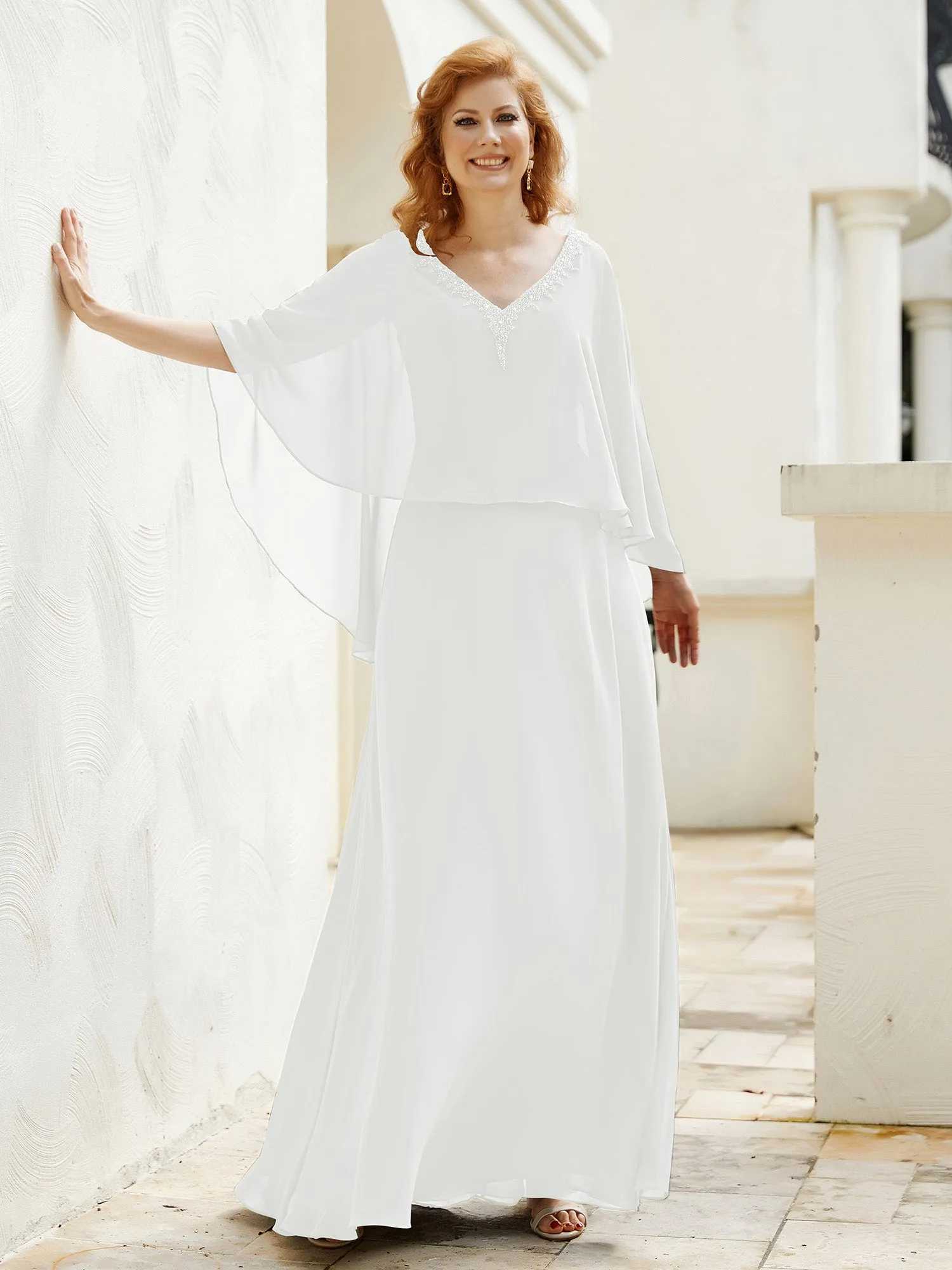 A-Line Flutter Cape Sleeves Dress with Beaded V-neck-Ivory