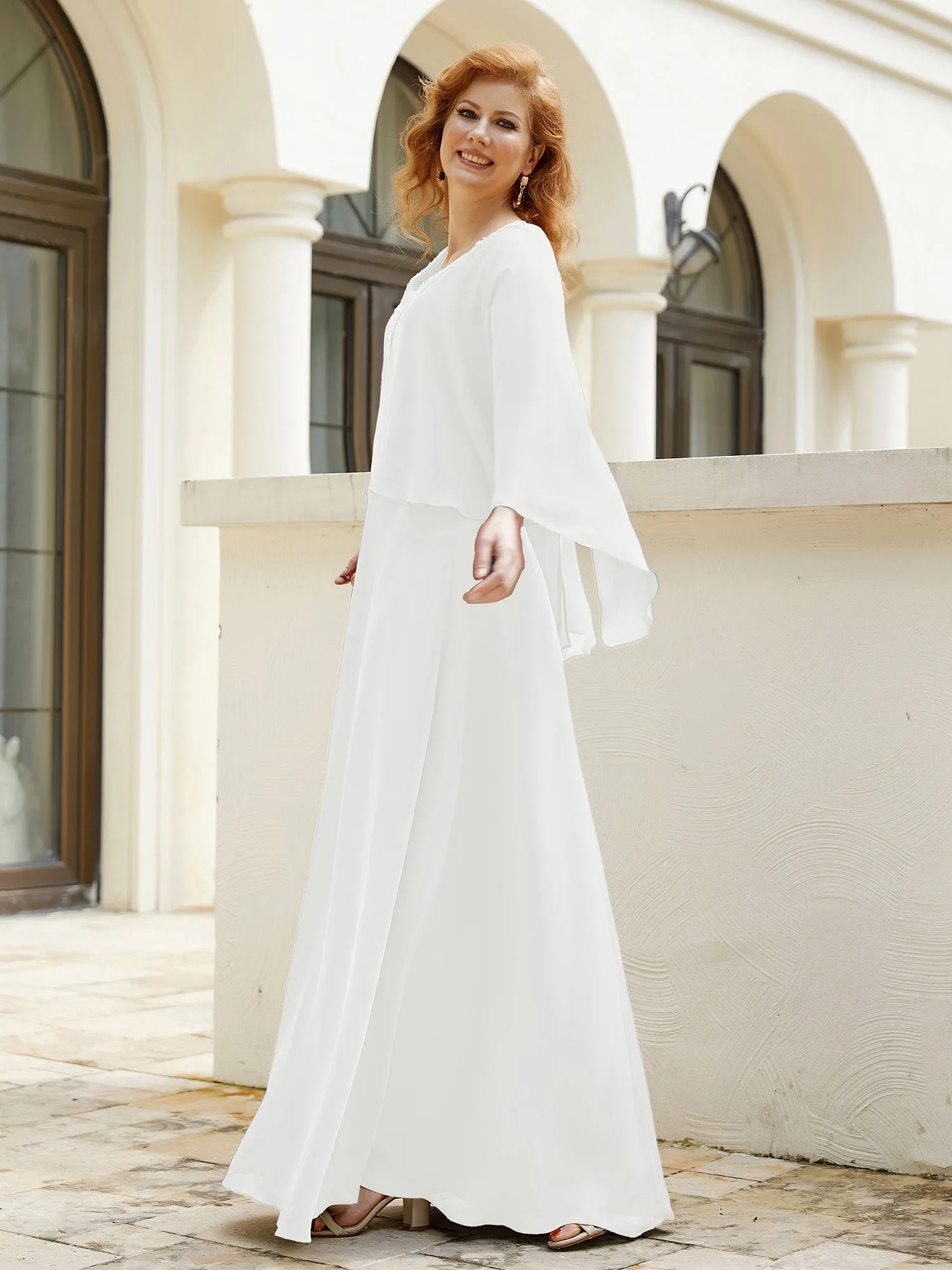 A-Line Flutter Cape Sleeves Dress with Beaded V-neck-Ivory