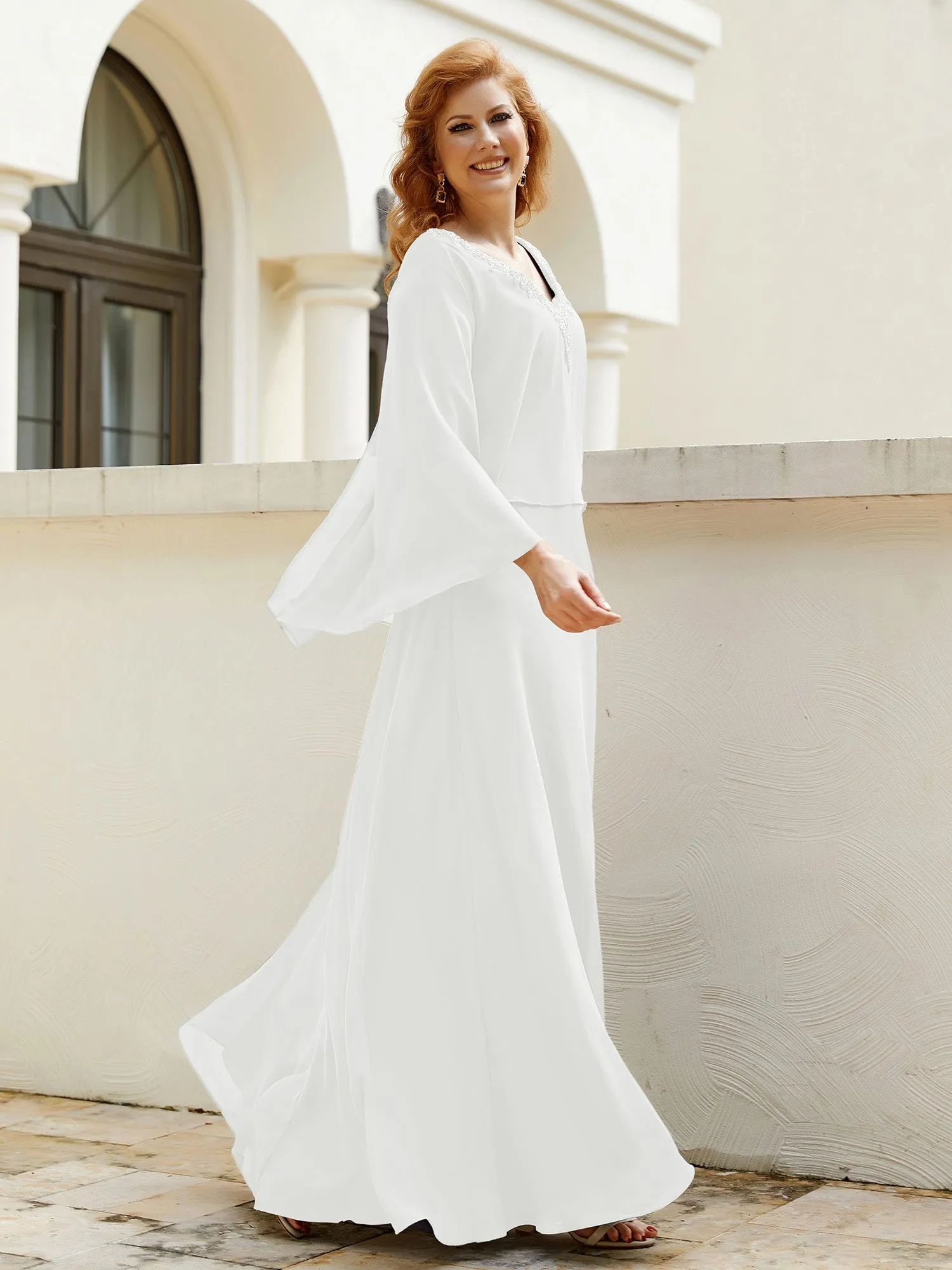 A-Line Flutter Cape Sleeves Dress with Beaded V-neck-Ivory